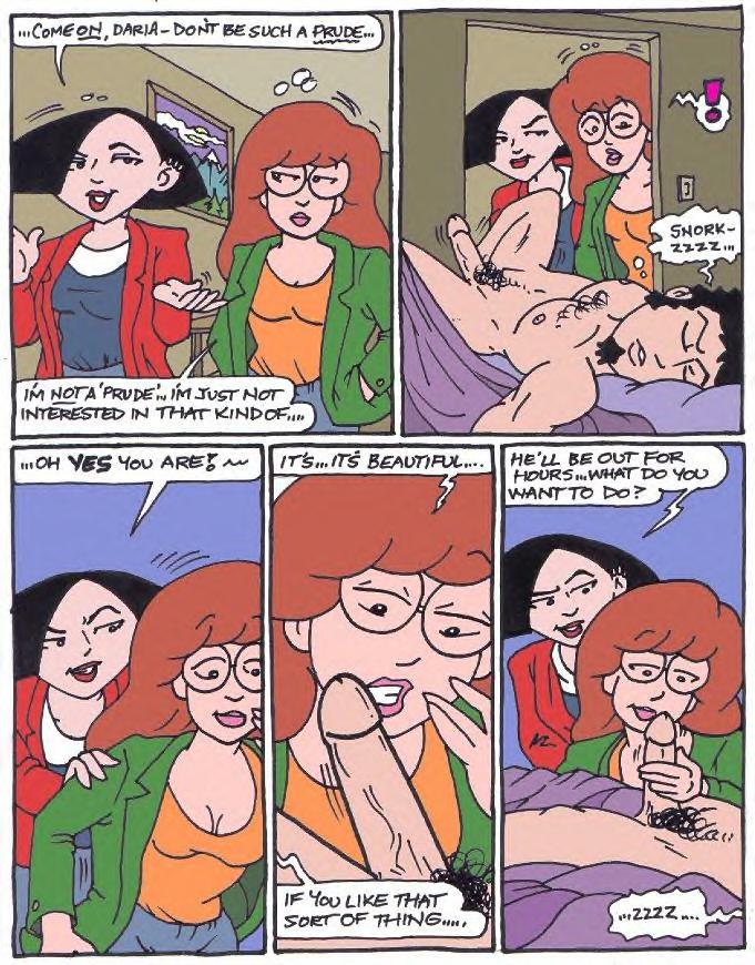 1boy 2girls black_hair brother_and_sister brown_hair clothed_female_nude_male clothing comic daria daria_morgendorffer encouragement english_text erect_penis erection female_pervert glasses goatee green_jacket handjob hetero indoors jane_lane karstens looking_at_penis penis penis_grab pubic_hair red_jacket round_glasses sexual_coaching siblings sleep_molestation sleeping speech_bubble spoken_! spoken_exclamation_mark trent_lane uncensored veiny_penis zzz