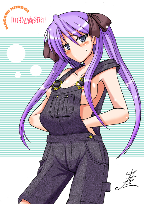 blue_eyes blush breasts female hair_ribbon human kagami_hiiragi long_hair lucky_star naked_overalls overalls purple_hair ribbon sideboob solo tied_hair twintails uncensored yasakani_an