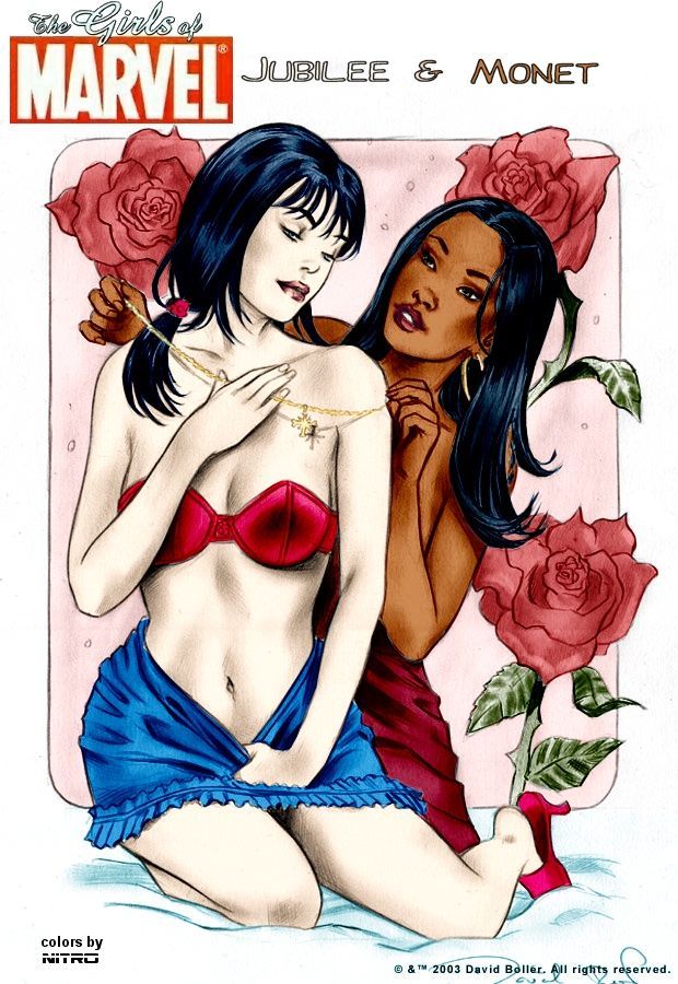 2003 2girls asian black_hair dark-skinned_female dark_skin david_boller female female_only generation_x hoop_earrings interracial jubilation_lee jubilee marvel monet_st._croix multiple_girls navel nitro straight_hair x-men yuri