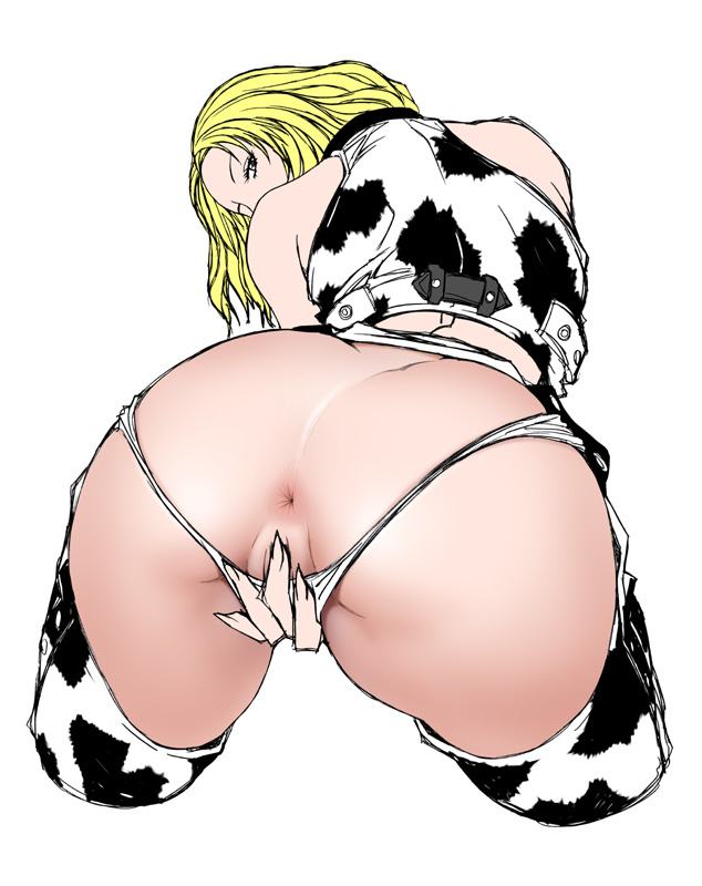 1girls anal anal_access anal_only anal_only_panties anus ass back_view backless_panties backpussy bent_over big_ass blonde_hair chaps covering covering_crotch cow_print curvy dat_ass dixie_clemets female female_only fingernails huge_ass koutarou looking_back panties partially_colored partially_visible_vulva pov pov_ass pussy rumble_roses simple_background solo tagme thighhighs uncensored underwear v-string