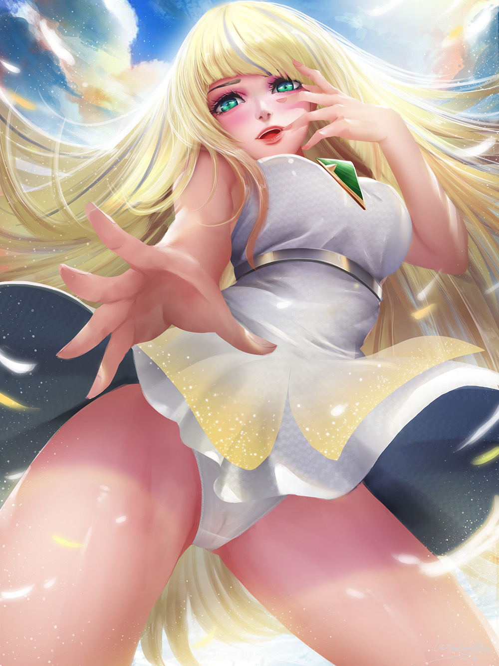 1girls, aether foundation, armpits, ass, blonde hair, blue hair, breasts, cameltoe, dress, female, female only, green eyes, long hair, looking at viewer, looking down, lusamine (pokemon), milf, mother, nintendo, panties, pokemon, pokemon sm, pussy, solo, straight hair, thighs, windwalker
