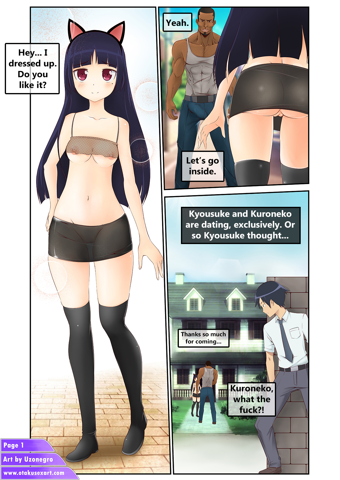 2boys, animal ears, big penis, bulge, cat ears, cheating, comic, cuckold, dark skin, dark-skinned male, dialogue, english dialogue, english text, female, gokou ruri, hidden, interracial, kousaka kyousuke, male, multiple boys, multiple males, no bra, no panties, ore no imouto ga konna ni kawaii wake ga nai, otakusexart, page 1, penis, see-through, straight, text, uzonegro