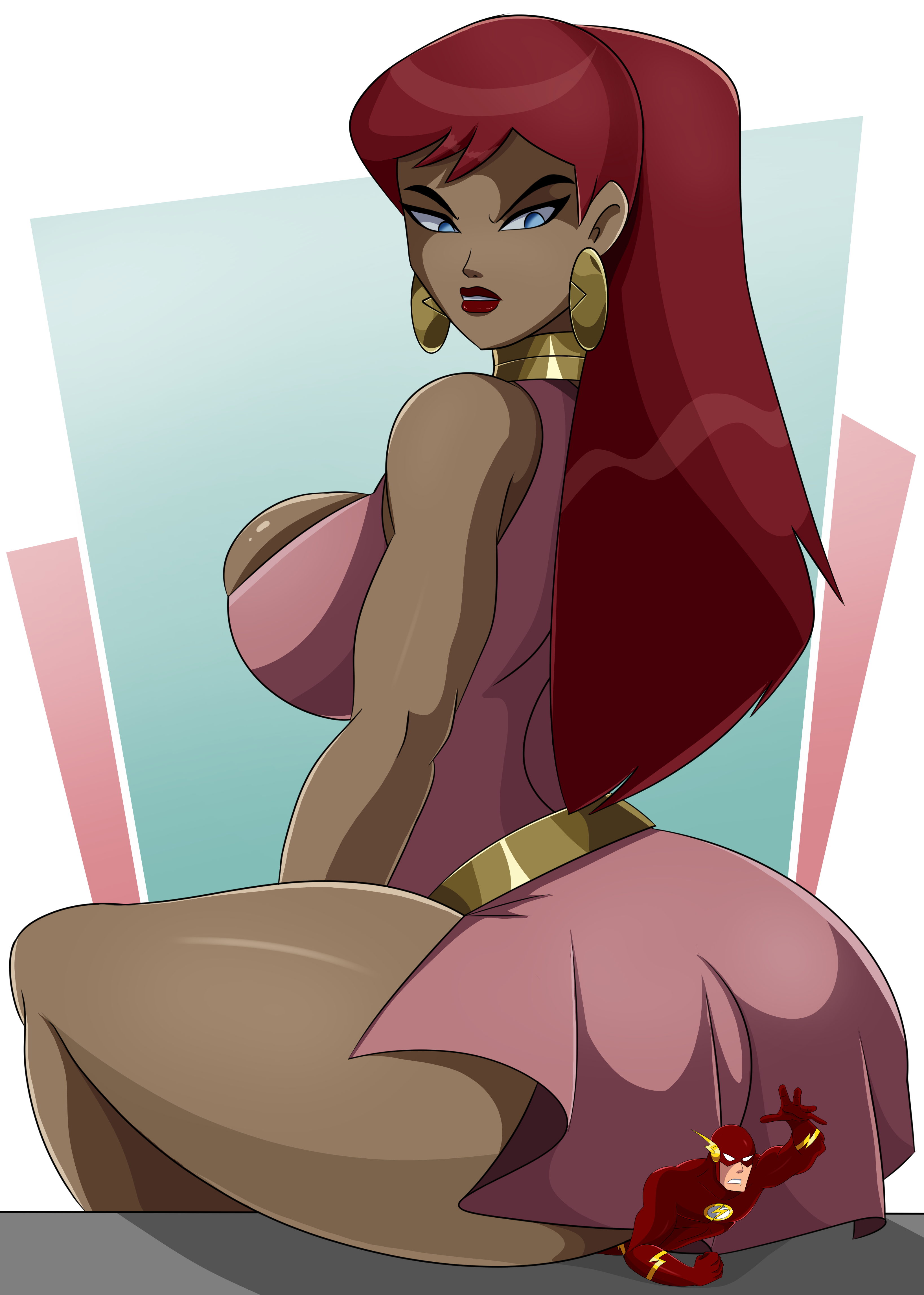 1boy, 1girls, ass, big ass, big breasts, breasts, cleavage, dc, dc comics, dcau, doris zeul, female, giantess, giganta, justice league, justice league unlimited, light skin, light-skinned female, light-skinned male, macro, macrophilia, male, rear view, sitting, sitting on person, sonson-sensei, the flash, the flash (series), thick thighs, wally west, wonder woman (series)
