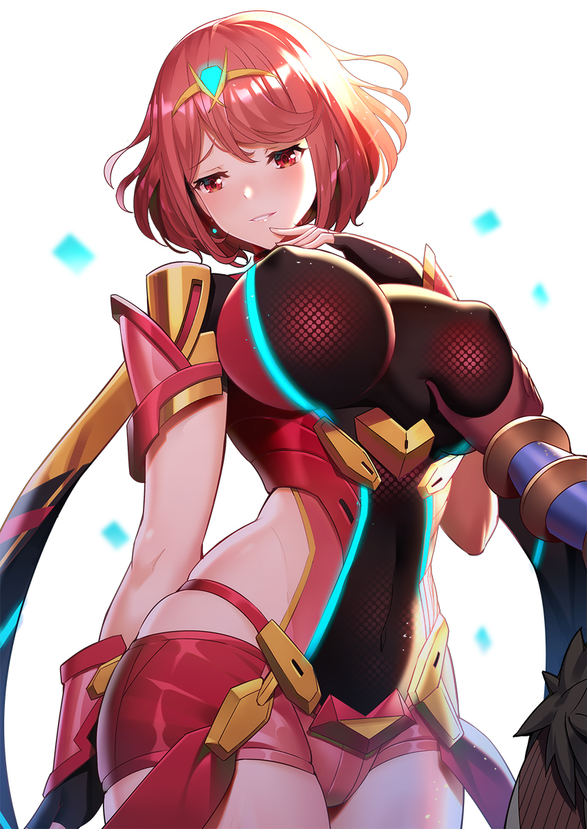 1boy, 1girls, blush, breast grab, breasts, erect nipples, erection under clothes, female, gloves, groping, large breasts, male, nintendo, nipple bulge, nipples, pyra, red eyes, red hair, rex (xenoblade), ririko (zhuoyandesailaer), short hair, smile, thighs, xenoblade (series), xenoblade chronicles 2