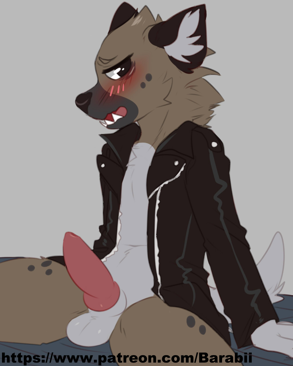 aggressive_retsuko animal_genitalia animal_penis anthro balls black_fur black_nose blush bottomless brown_fur canine_penis clothed clothing embarrassed erection fur haida hyena jacket leather leather_jacket male male_only mammal nickii open_mouth penis smooth_fur solo white_fur