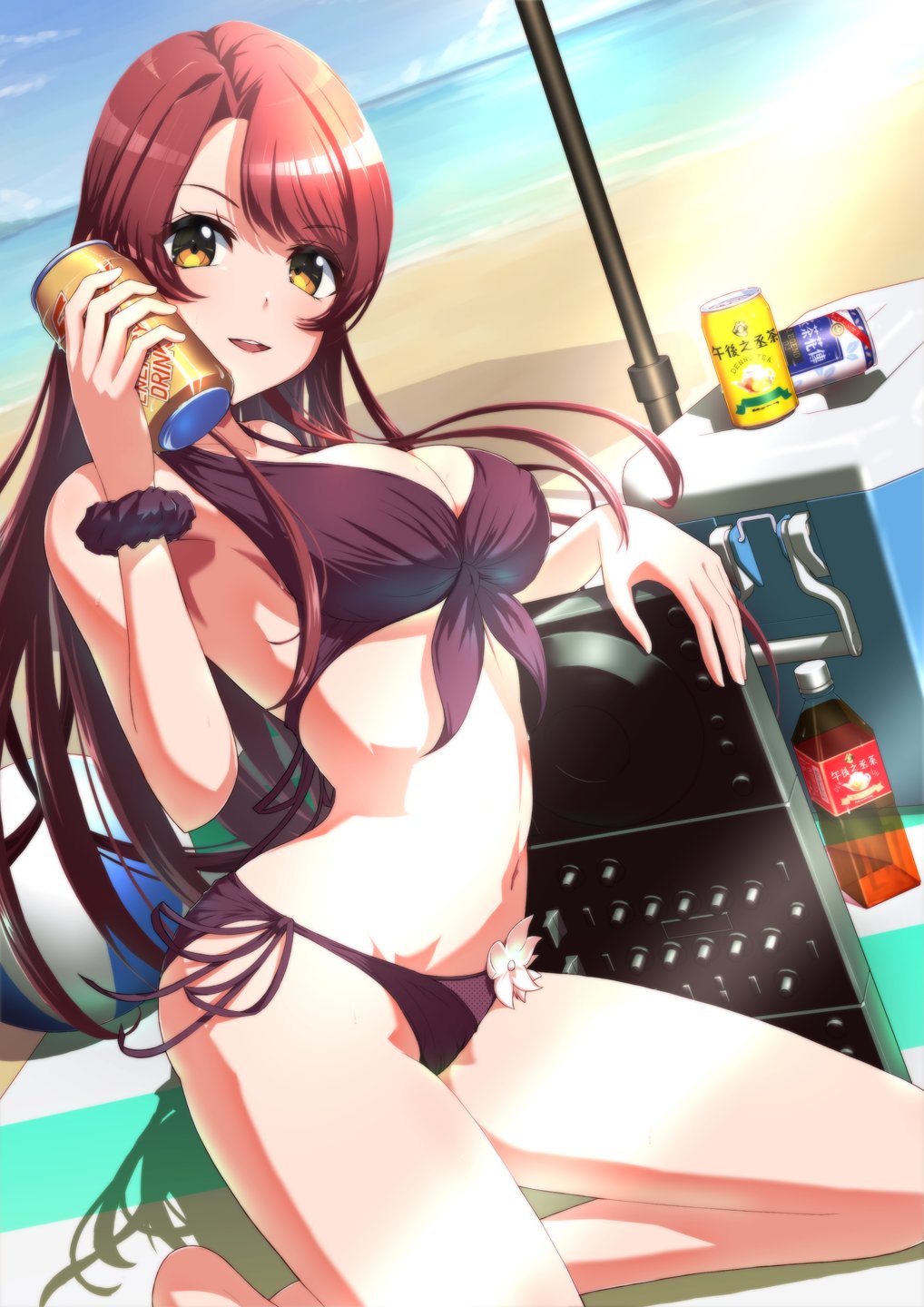 beach big_breasts d4dj dj_equipment drinks hiraken kasuga_haruna swimsuit