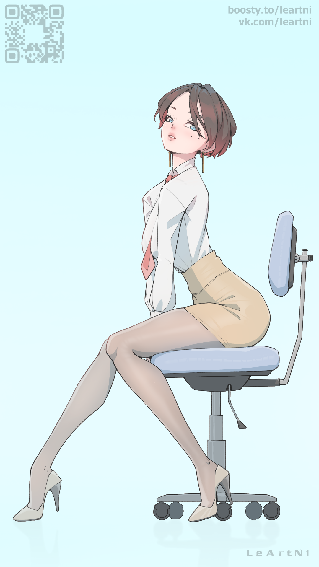 blouse, blue eyes, brown hair, female, female only, fully clothed, high heels, leartni, looking at viewer, miniskirt, office lady, pantyhose, pencil skirt, png, short skirt, simple background, sitting, skirt, small waist