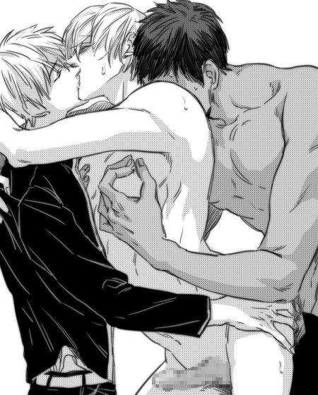 3boys anal aomine_daiki censored group_sex kise_ryouta kissing kuroko_no_basuke kuroko_tetsuya male_focus monochrome multiple_boys nude penis shirtless threesome yaoi