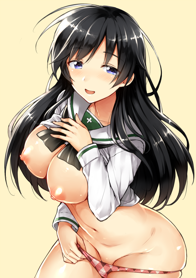 1girls ahoge ameno_shigure areolae bangs black_hair blue_eyes blush breasts checkered checkered_panties colored_eyelashes girls_und_panzer groin hand_on_own_chest isuzu_hana large_breasts leaning_forward long_hair long_sleeves looking_at_viewer nipples no_bra no_pants ooarai_school_uniform panties panty_pull partially_visible_vulva puffy_nipples pussy school_uniform serafuku shigu_(wolfganggw) shiny shiny_skin skindentation solo thighs underwear