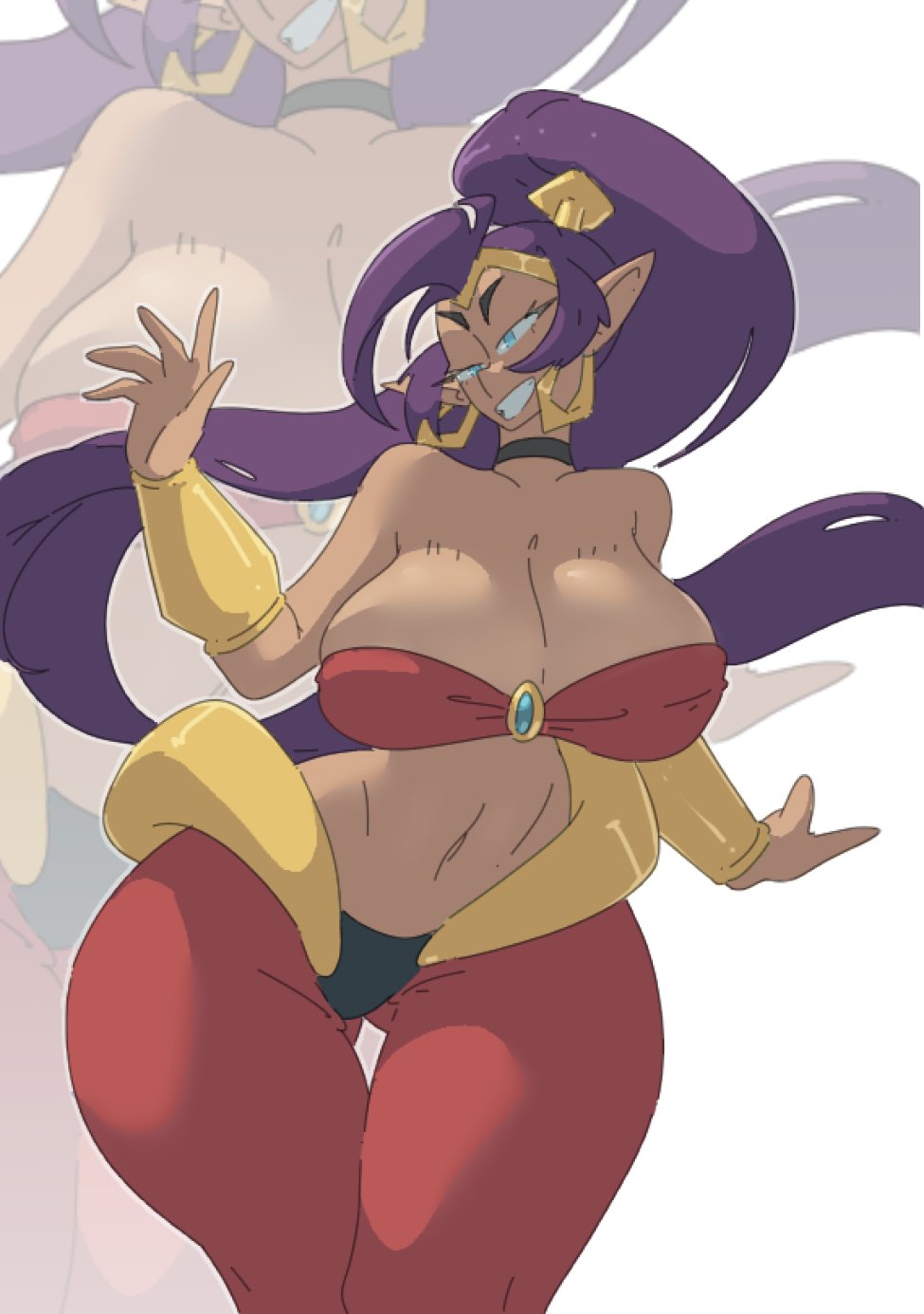 1girls alternate_breast_size belly_button big_breasts breasts female female_only leedraw11 mature mature_female mature_woman purple_hair shantae shantae_(character) smiling solo wide_hips