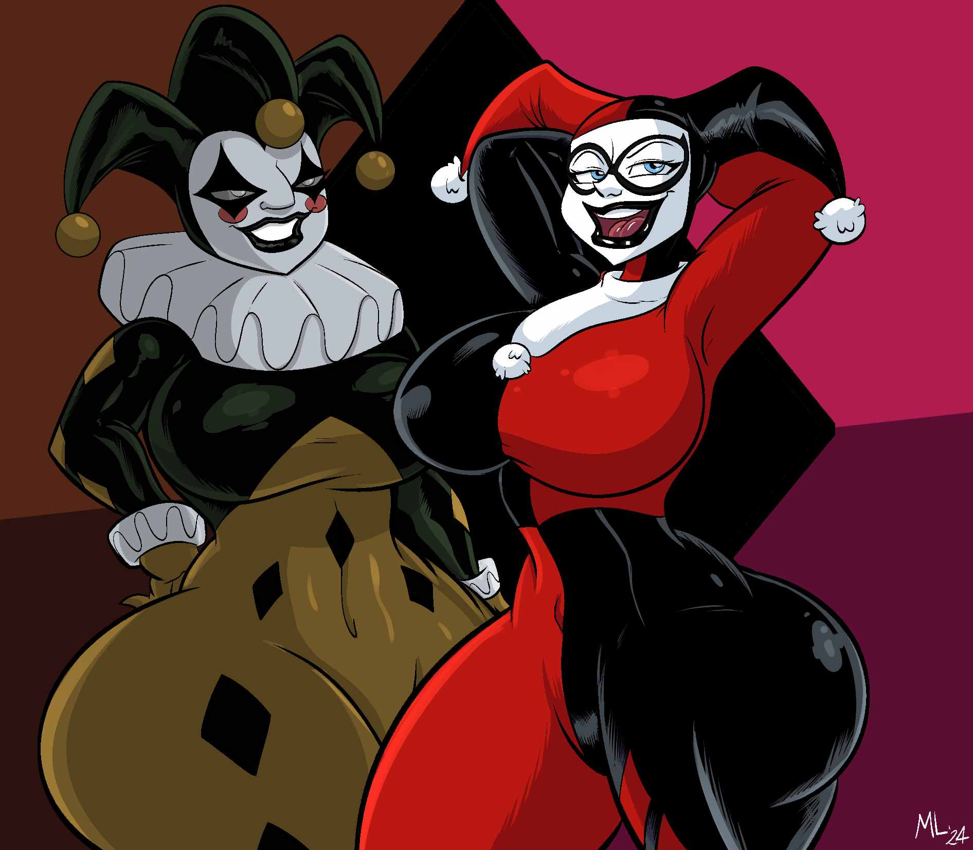 2girls ameizing_lewds armpits artist_name batman:_caped_crusader batman:_the_animated_series batman_(series) big_breasts black_lipstick blue_eyes breasts clown_girl clown_makeup dc dc_comics dcau detective_comics female female_only harleen_quinzel harley_quinn harley_quinn_(caped_crusader) harley_quinn_(classic) jester_costume jester_girl red_and_black smile smiling square_crossover tagme tight_clothing twitter_link warner_brothers white_eyes wide_hips yellow_and_green