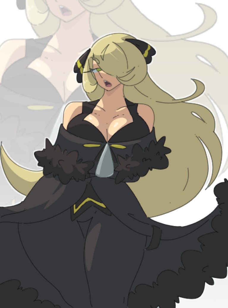 black_clothing blonde_female blonde_hair blonde_hair_female bra breasts breasts breasts_squeezed_together clothed clothed_female cynthia_(pokemon) disappointed leedraw11 mature_female mature_woman pokemon