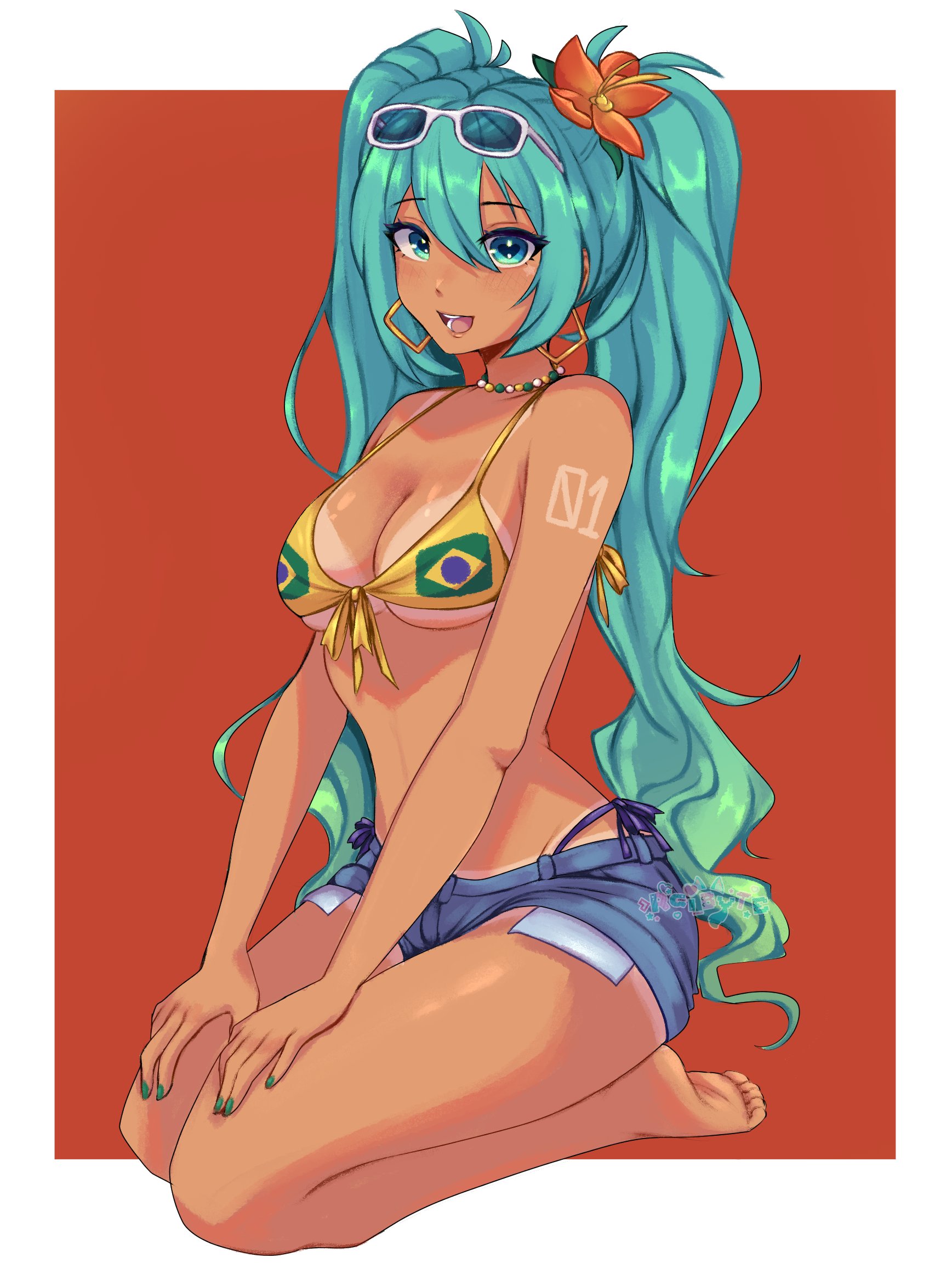 :d, 1girl, 1girls, aqua eyes, aqua hair, aqua nails, ass, barefoot, big ass, big breasts, big thighs, bikini, blue hair, blush, brazil, brazilian, brazilian female, brazilian miku, breasts, brown skin, cleavage, cyan eyes, cyan hair, denim, denim shorts, earrings, eyewear on head, feet, female, female only, flower, front-tie bikini top, front-tie top, full body, green nails, hair between eyes, hair flower, hair ornament, hatsune miku, hoop earrings, huge ass, huge thighs, jewelry, latin american hatsune miku (meme), long hair, looking at viewer, medium breasts, nail polish, necklace, open mouth, rai byte art, red background, seiza, short shorts, shorts, side-tie bikini bottom, simple background, sitting, smile, solo, sunglasses, sunglasses on head, swimsuit, tagme, tan, tan body, tanline, tanlines, tattoo, thick hips, thick thighs, thighs, thong, twintails, very long hair, vocaloid