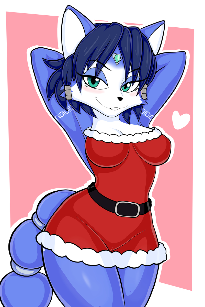 abstract_background absurd_res anthro armpits belt blackmore blue_body blue_hair blush breasts canid canine christmas christmas_outfit countershading female fox hair hands_behind_back heart hi_res krystal mammal navel nintendo pinup pose red_dress smile smiling_at_viewer solo star_fox tail tribal