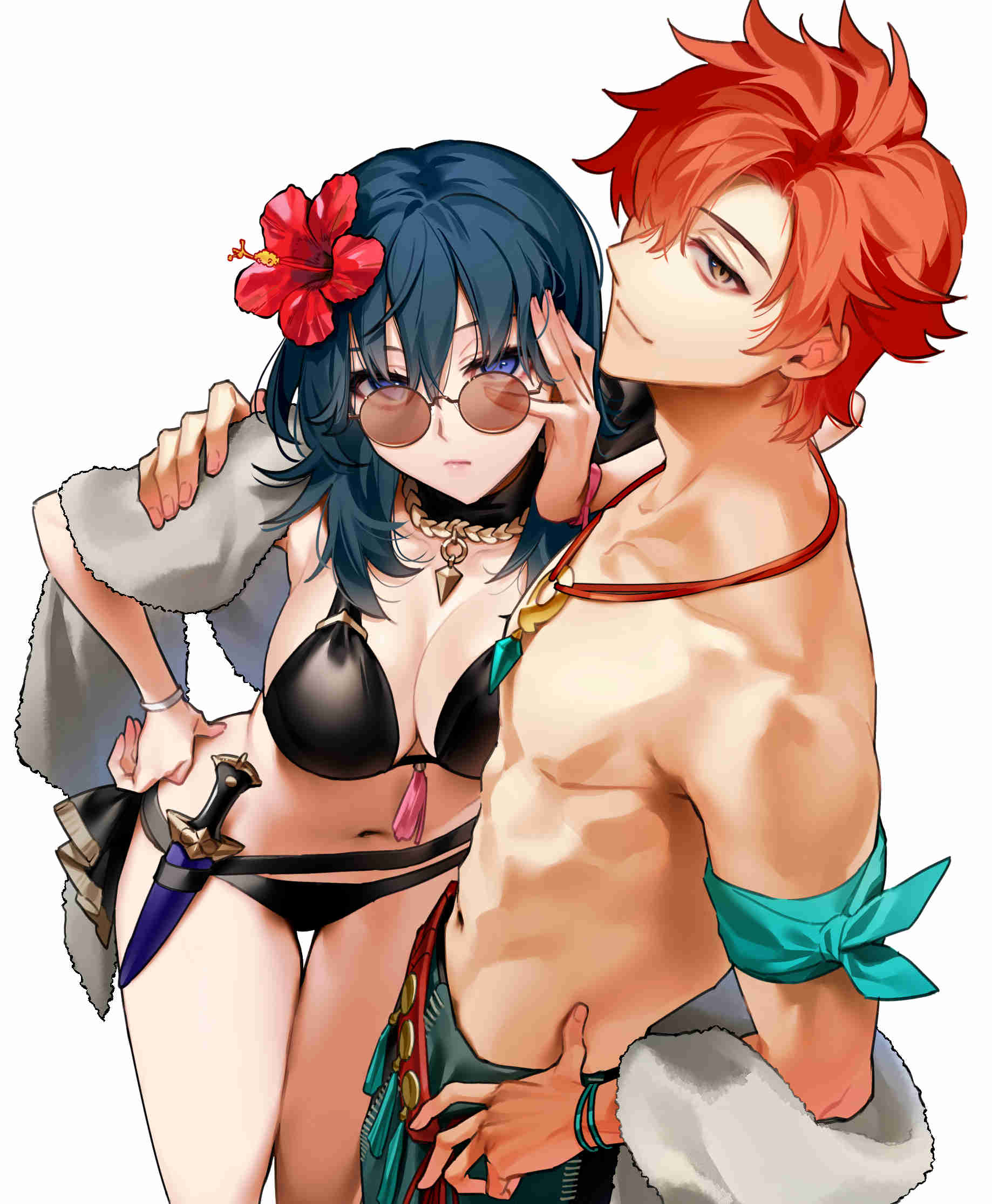 1boy 1girls alternate_costume arm_around_shoulder bare_shoulders bare_thighs bikini black_bikini black_swimsuit blue_hair breasts byleth_(female)_(fire_emblem) byleth_(female)_(summer)_(fire_emblem) byleth_(fire_emblem) byleth_(fire_emblem)_(female) closed_mouth cropped dagger dark_blue_hair fire_emblem fire_emblem:_three_houses fire_emblem_heroes flower from_above hair_flower hair_ornament hand_on_own_face hand_on_own_hip hetero hibiscus ichimonjikun2 jewelry knife large_breasts long_hair looking_at_viewer male_swimwear navel nintendo official_alternate_costume orange_hair pendant red_flower round_eyewear sandals sheath sheathed short_hair simple_background standing sunglasses swim_trunks swimsuit sylvain_jose_gautier thigh_gap topless_male towel weapon white_background