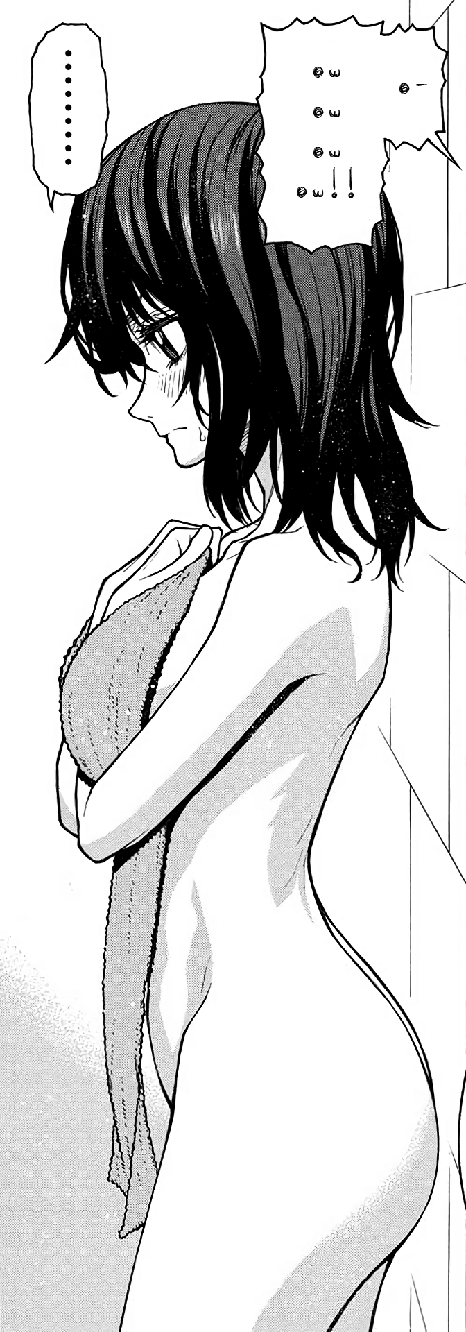 1girls black_and_white black_hair blush blush blush_lines embarrassed embarrassed_female embarrassed_nude_exposure embarrassed_nude_female female female_focus female_only looking_down manga_page official_art shinmai_ossan_bokensha tagme tagme_(artist) tagme_(character) towel towel_only