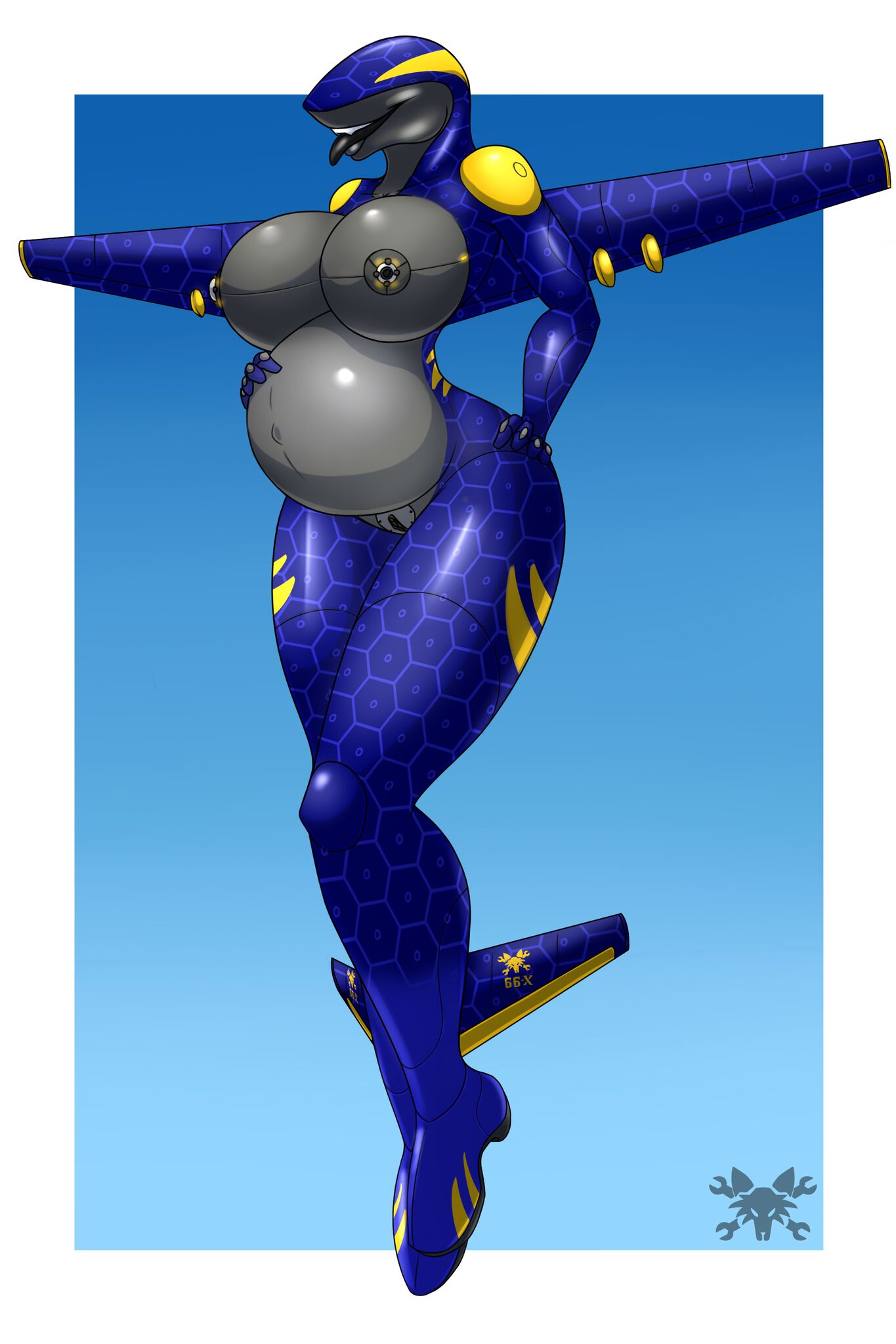 aircraft airplane anthro big_breasts breasts female huge_belly living_aircraft living_machine machine metalfoxxx pregnant pussy ready_to_pop requiem simple_background solo uav