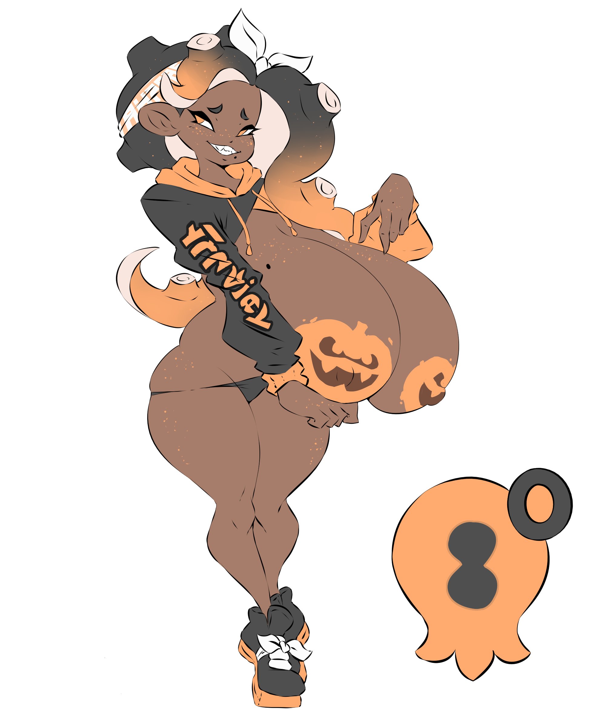 1girls, alternate breast size, big boobs, big breasts, big tits, boobs, breasts, breasts bigger than head, bursting breasts, dark skin, dark-skinned female, dullvivid, female, halloween, halloween costume, huge breasts, marina (splatoon), nintendo, nipples, splatoon, splatoon (series), splatoon 2, tits, white background