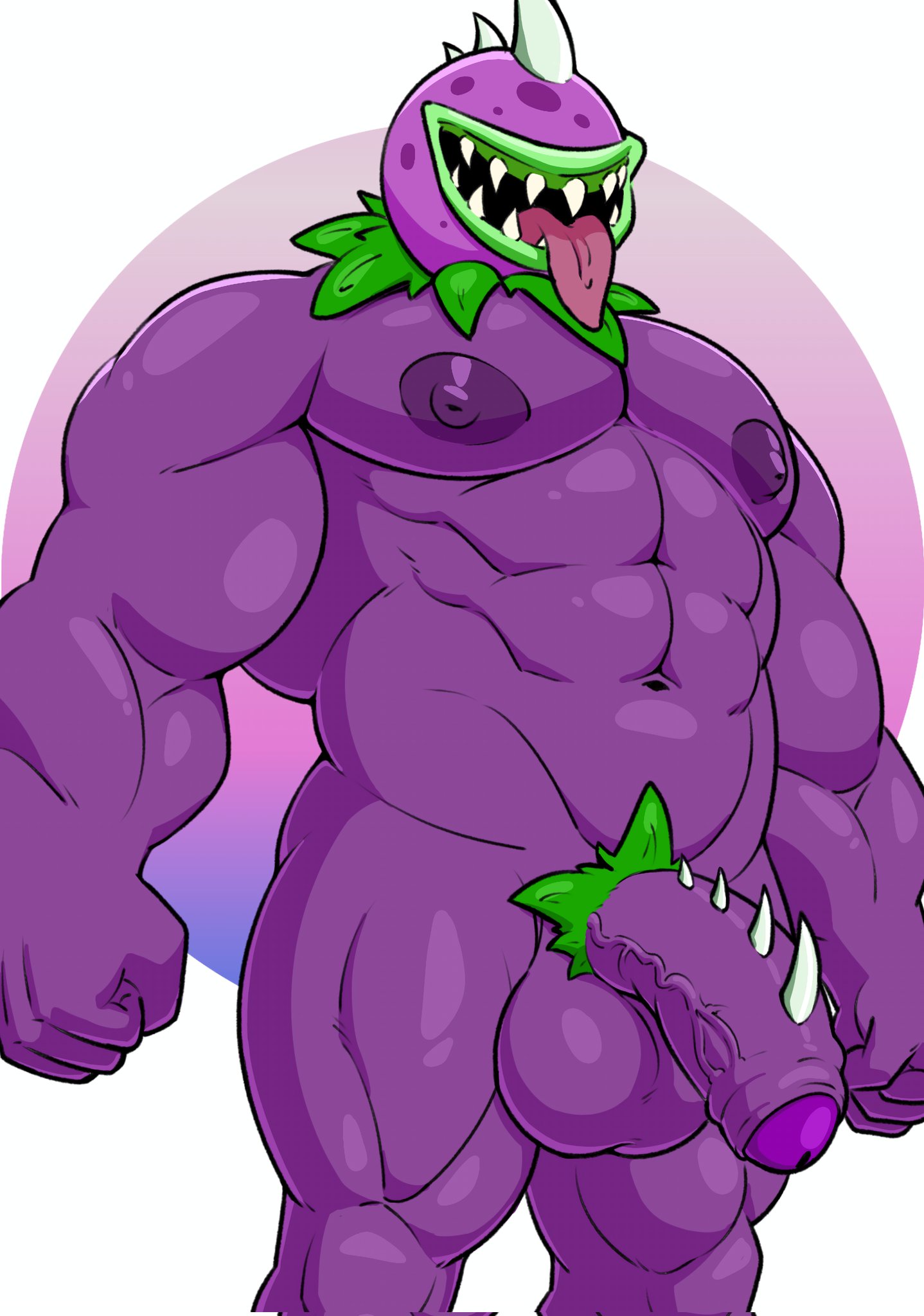 1boy 2024 anthro arkyhorny balls biped chomper_(pvz) digital_drawing_(artwork) digital_media_(artwork) electronic_arts elemental_creature flora_fauna gay genitals hi_res male male_only muscular muscular_anthro muscular_male navel nipples penis plant plants_vs._zombies popcap_games purple_body simple_background solo spiked_penis spikes spikes_(anatomy) standing video_games