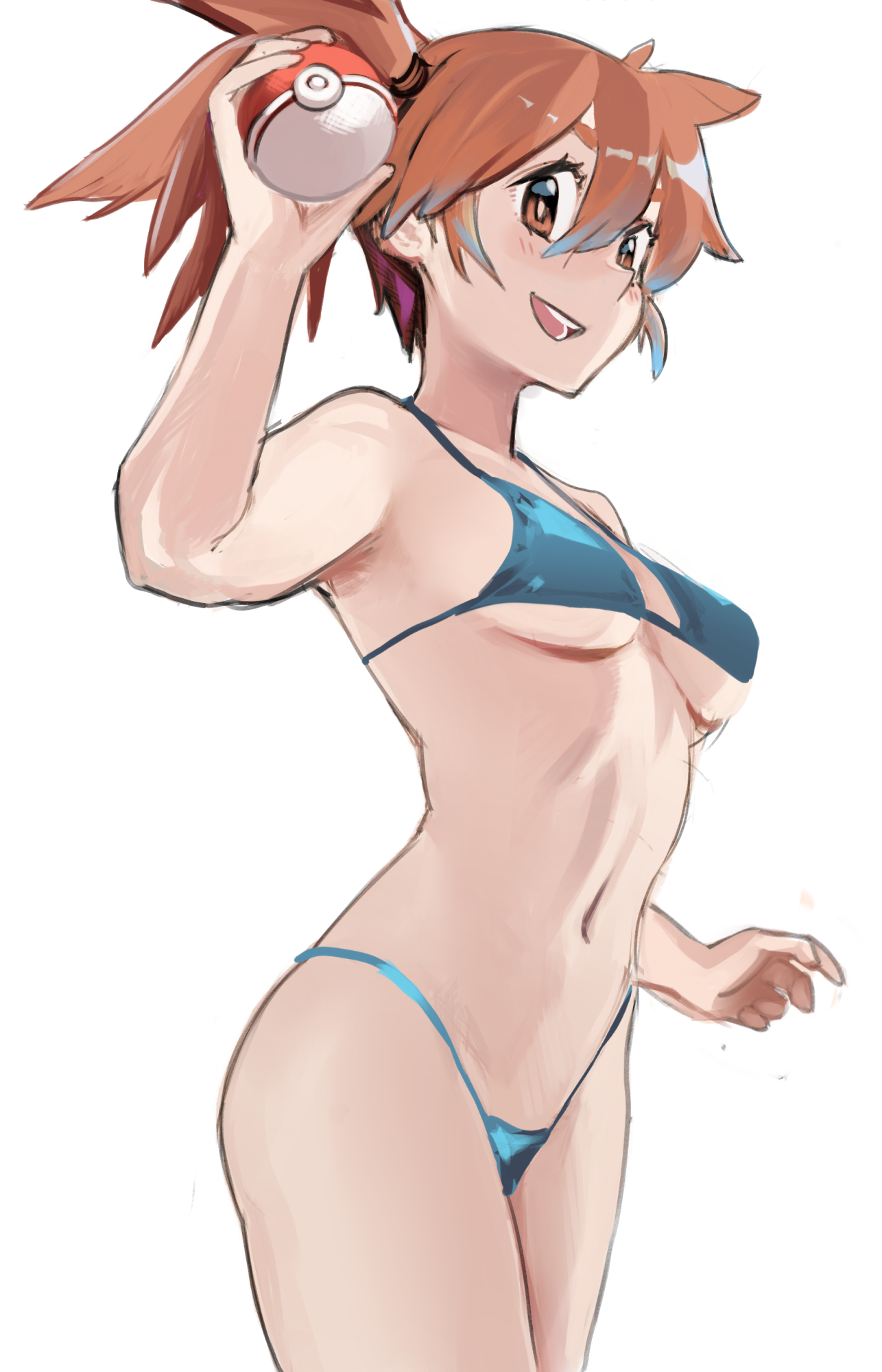 :d, armpits, asymmetrical hair, bangs, bikini, blue bikini, blue swimsuit, blush, breasts, brown eyes, brown hair, clothing, cowboy shot, eyelashes, female, female only, gym leader, hair between eyes, hair tie, hand up, high resolution, hips, holding, holding object, holding poke ball, human, jpeg, looking at viewer, medium breasts, misty (pokemon), navel, open mouth, open-mouth smile, orange eyes, orange hair, poke ball, poke ball (basic), pokemon, ponytail, sho-n-d, short hair, side ponytail, simple background, sketch, smile, solo, standing, swimsuit, teeth, tied hair, underboob, white background, wide hips