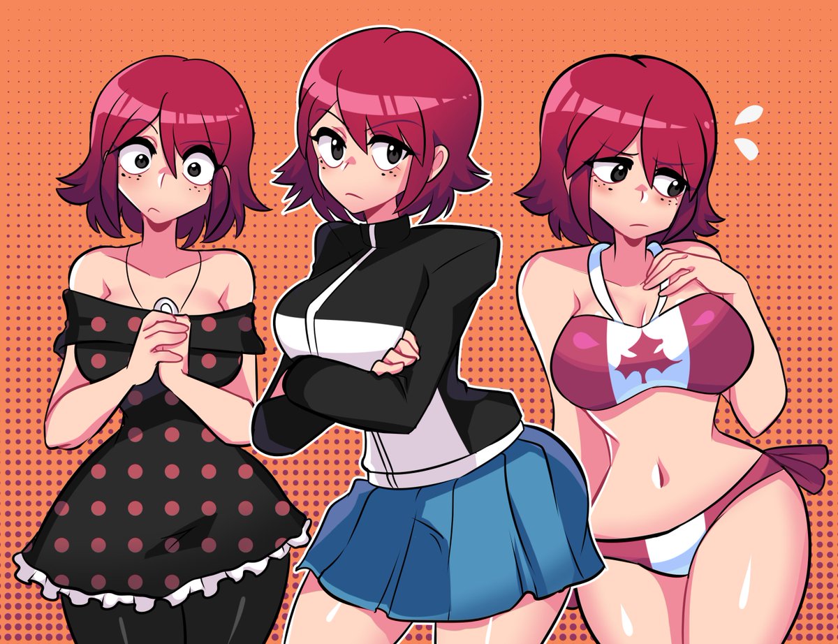 1girls bare_shoulders bikini black_eyes blush canada canadian_flag_bikini clothed crossed_arms female freckles fuckable hands_together kim_pine maple_leaf missandydandy pendant pointy_chin red_hair scott_pilgrim short_hair striped_bikini