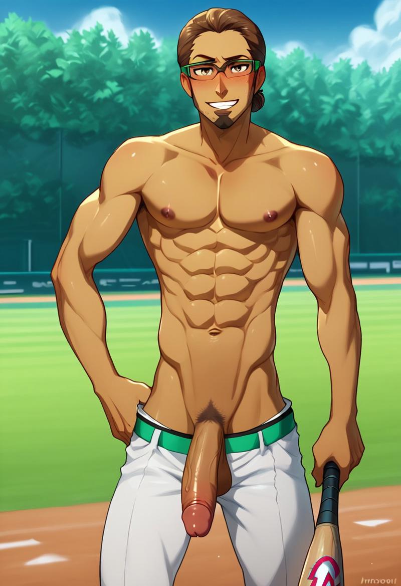 abs ai_generated balls baseball_bat baseball_uniform biceps big_balls big_penis blush brown_hair gay glasses kukui_(pokemon) long_torso looking_at_viewer male male_only muscular muscular_male nipples pants_down pecs penis pokemon professor_kukui smile toned_body toned_male twall97