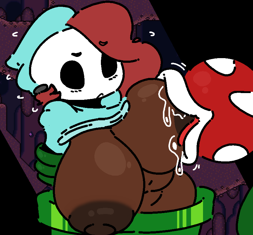 1girl big_breasts breasts dark-skinned_female female mario_(series) nipples piranha_plant pixel_art red_hair saliva shy_gal sucking_nipple windreg