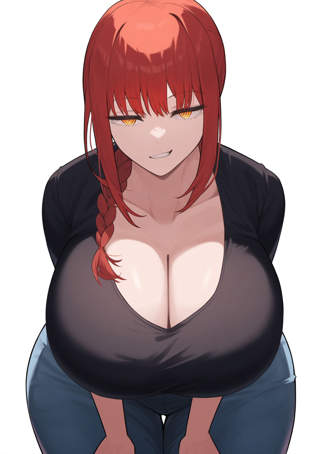 ai generated, bending over, breasts, breasts bigger than head, chainsaw man, female, hands on legs, hanging breasts, huge breasts, jeans, large breasts, leaning forward, lubbasdump, makima (chainsaw man), mommy, orange eyes, red hair, smirking, tank top, wide hips