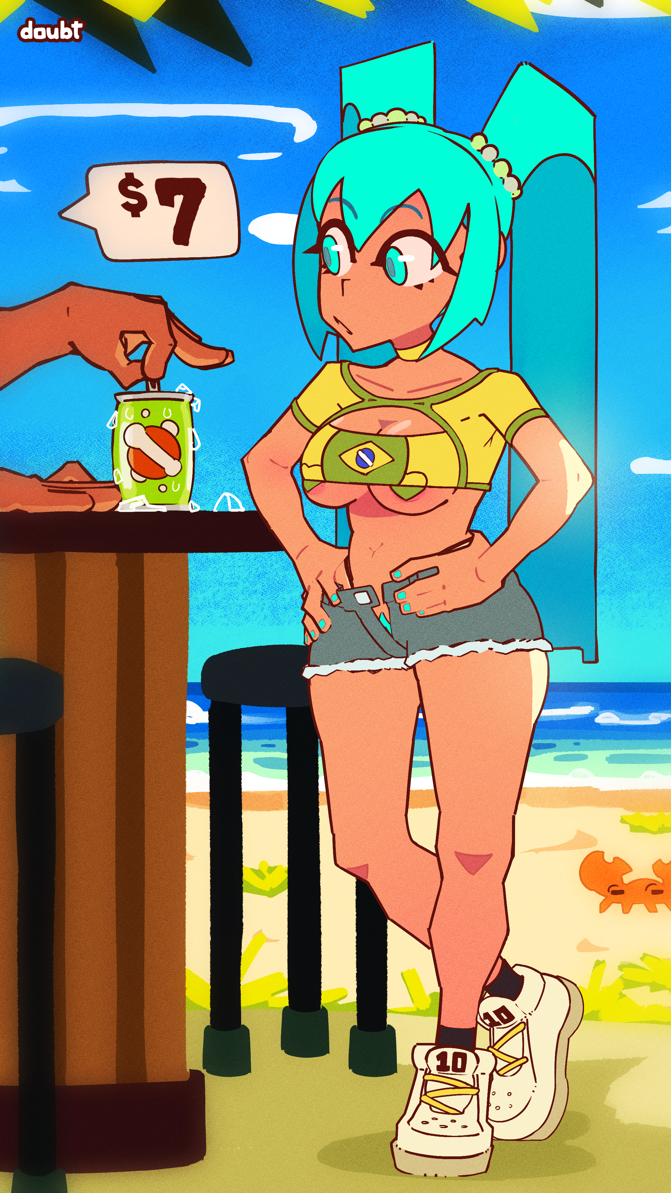1boy, 1girl, 1girls, aqua eyes, aqua hair, aqua nails, armpits, ass, bangs, beach, beer, bikini, blue sky, brazil, brazilian, brazilian female, brazilian miku, breasts, choker, cleavage, cloud, crop top, cute, cyan eyes, cyan hair, dark skin, day, denim, denim shorts, doubt (thedo ubt), female, full body, hands on hips, hatsune miku, heart pasties, latin american hatsune miku (meme), light skin, light-skinned male, long hair, looking at viewer, male, medium breasts, midriff, navel, nipple bulge, nipple slip, ocean, open fly, open shorts, outdoors, pasties, pubic hair peek, shadow, shirt, shoes, short shorts, short sleeves, shorts, sky, socks, solo, solo focus, speech bubble, standing, streetwear, suprised, tagme, tan, tan body, tanlines, thighs, thong, twintails, underboob, very long hair, vocaloid, yellow shirt