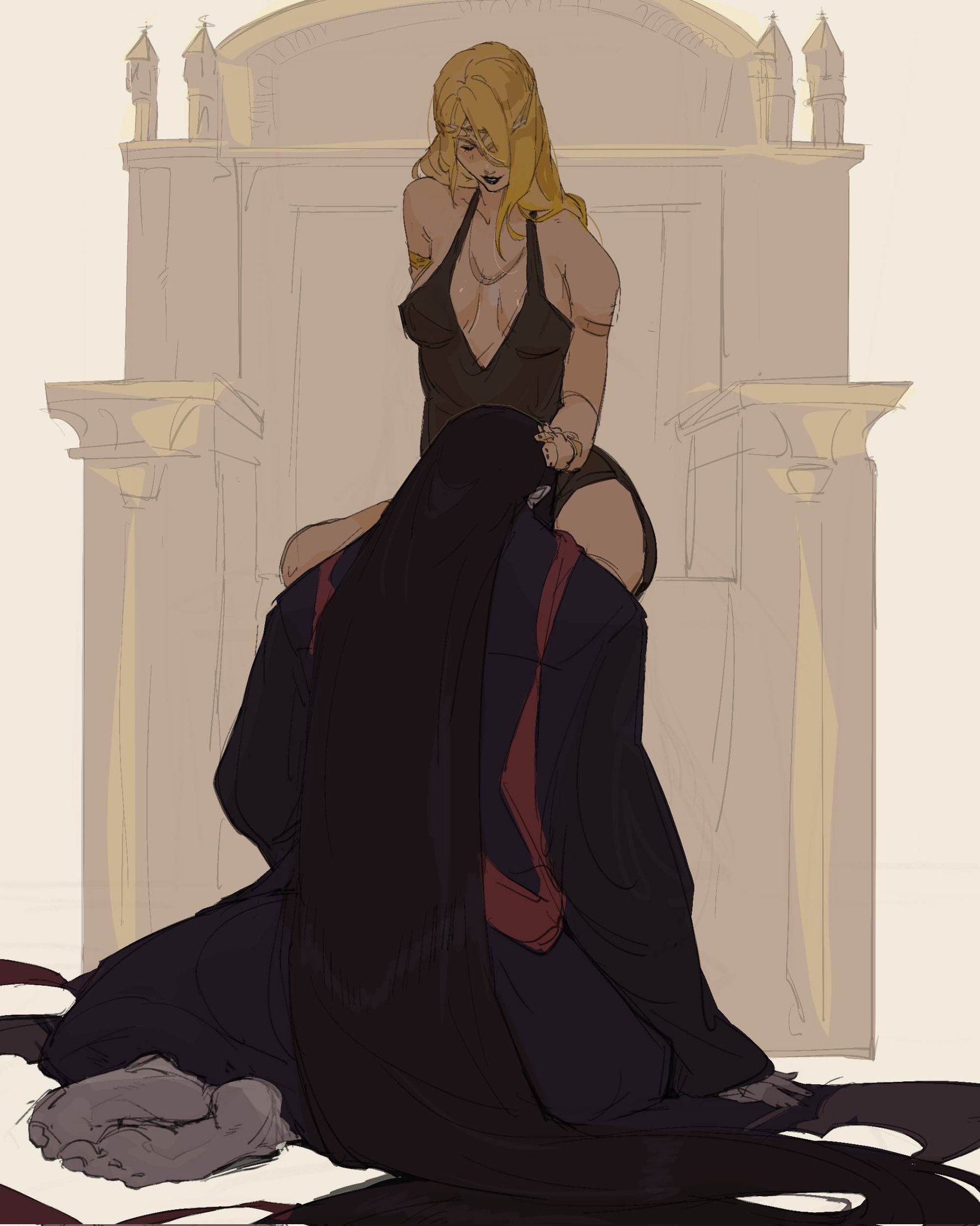 116116116, 2girls, big breasts, breasts, cunnilingus, cunnilingus through clothes, elden ring, female, female only, fromsoftware, head between thighs, milf, queen marika the eternal, rennala queen of the full moon, yuri