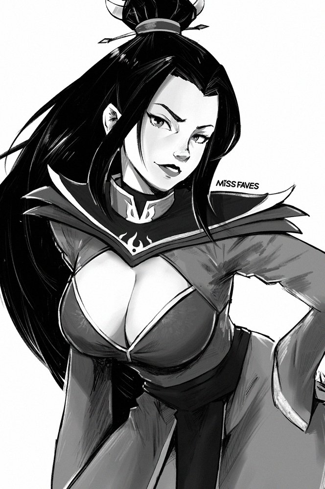 1girls artist_name avatar_legends avatar_the_last_airbender azula bent_over breasts cleavage commentary cowboy_shot english_commentary female fire_nation grin hair_bun hand_on_own_hip large_breasts long_hair long_sleeves looking_at_viewer miss_faves monochrome single_hair_bun smile solo topknot