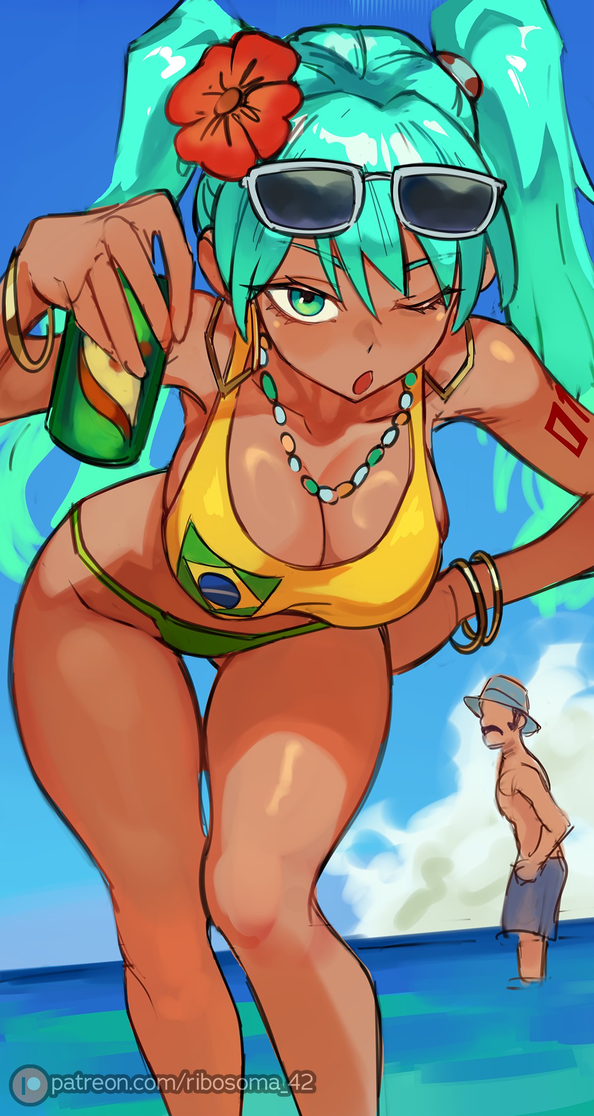 1boy 1girls ass beach big_ass big_breasts big_thighs bikini brazil brazilian brazilian_female brazilian_miku breasts chespirito cyan_eyes cyan_hair don_ramon el_chavo_(series) el_chavo_del_ocho female hatsune_miku huge_ass huge_breasts huge_thighs latin_american_hatsune_miku_(meme) long_hair looking_at_viewer male ribosoma_42 shirt shorts tagme tan tan_body thick_hips thick_thighs thighs twintails vocaloid water yellow_shirt