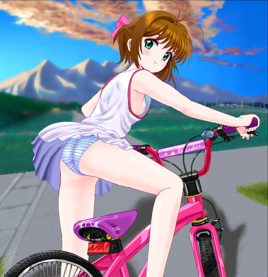 1girls bike breasts cardcaptor_sakura female green_eyes nipples panties pantyshot sakura_kinomoto short_hair striped_clothes striped_panties underwear zz-r