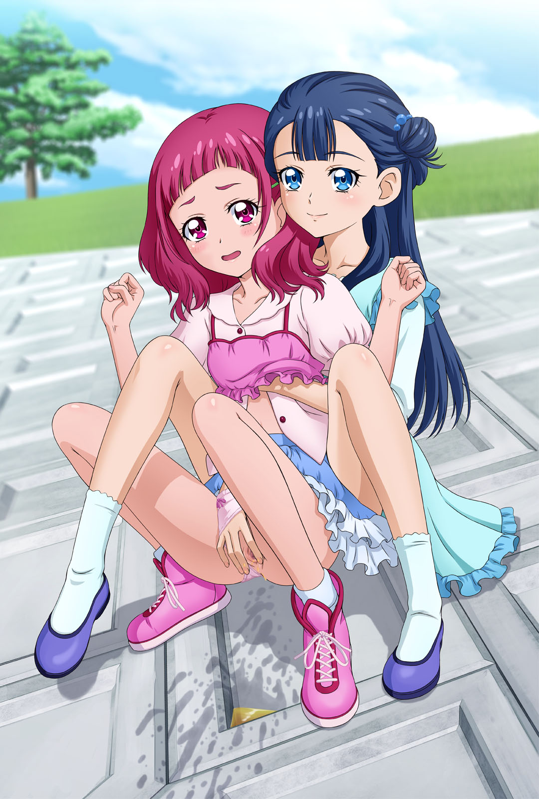 2girls hand_in_panties highres hugtto!_precure long_hair multiple_girls panties peeing precure pretty_cure short_hair squatting tooo underwear yakushiji_saaya yuri