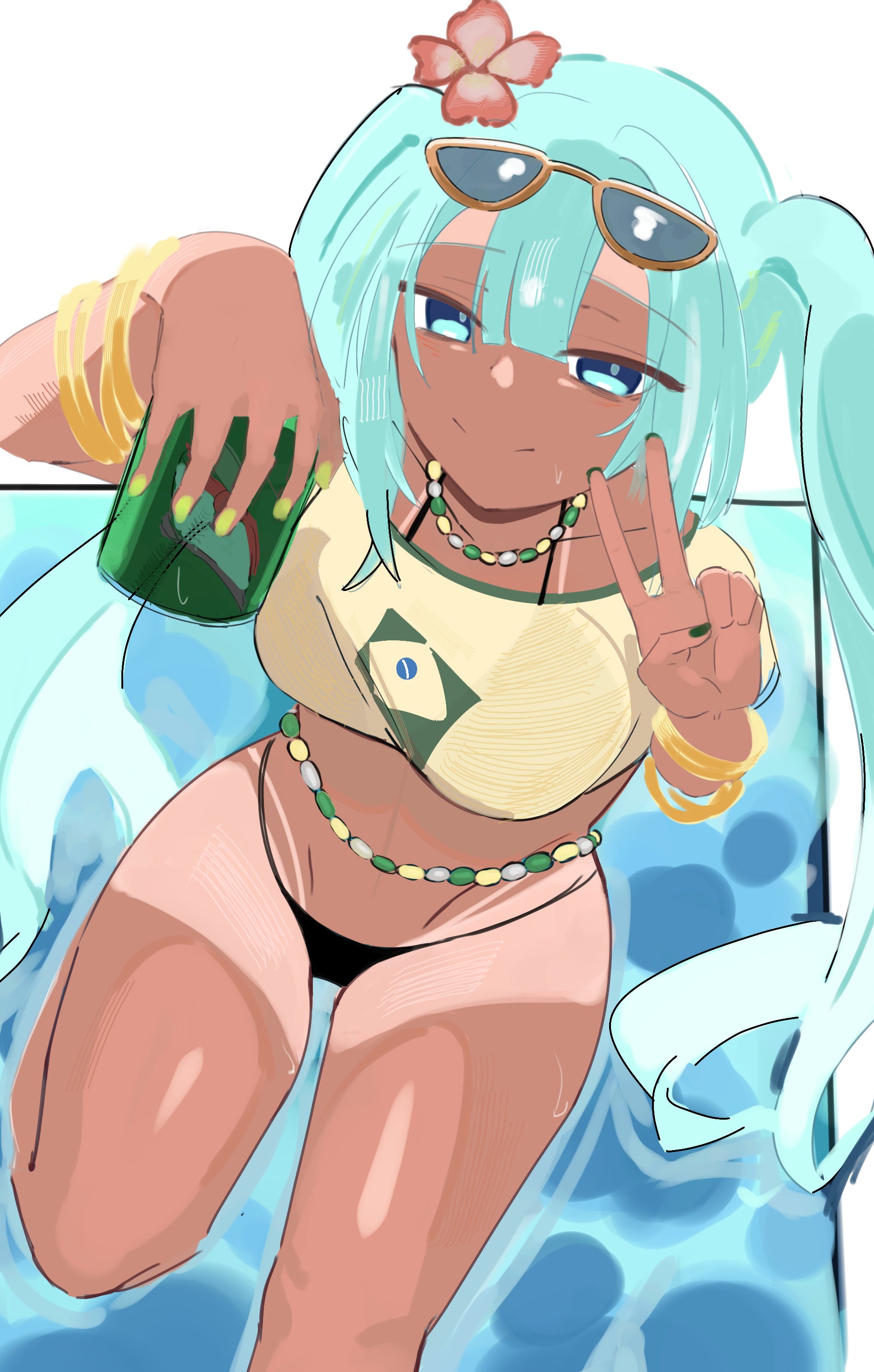 1girl, 1girls, aqua hair, artist request, ass, big ass, big thighs, bikini, blue eyes, bracelet, brazil, brazilian, brazilian female, brazilian flag, brazilian miku, breasts, can, cyan eyes, cyan hair, dark skin, eyewear on head, female, female only, flower, hair flower, hair ornament, hatsune miku, holding, huge ass, huge thighs, jewelry, latin american hatsune miku (meme), long hair, looking at viewer, medium breasts, nail polish, navel, necklace, peace sign, shirt, sitting, solo, sunglasses, swimsuit, tagme, tan, tan body, tanlines, thick hips, thick thighs, thighs, twintails, v, v sign, very long hair, vocaloid, water, yellow shirt