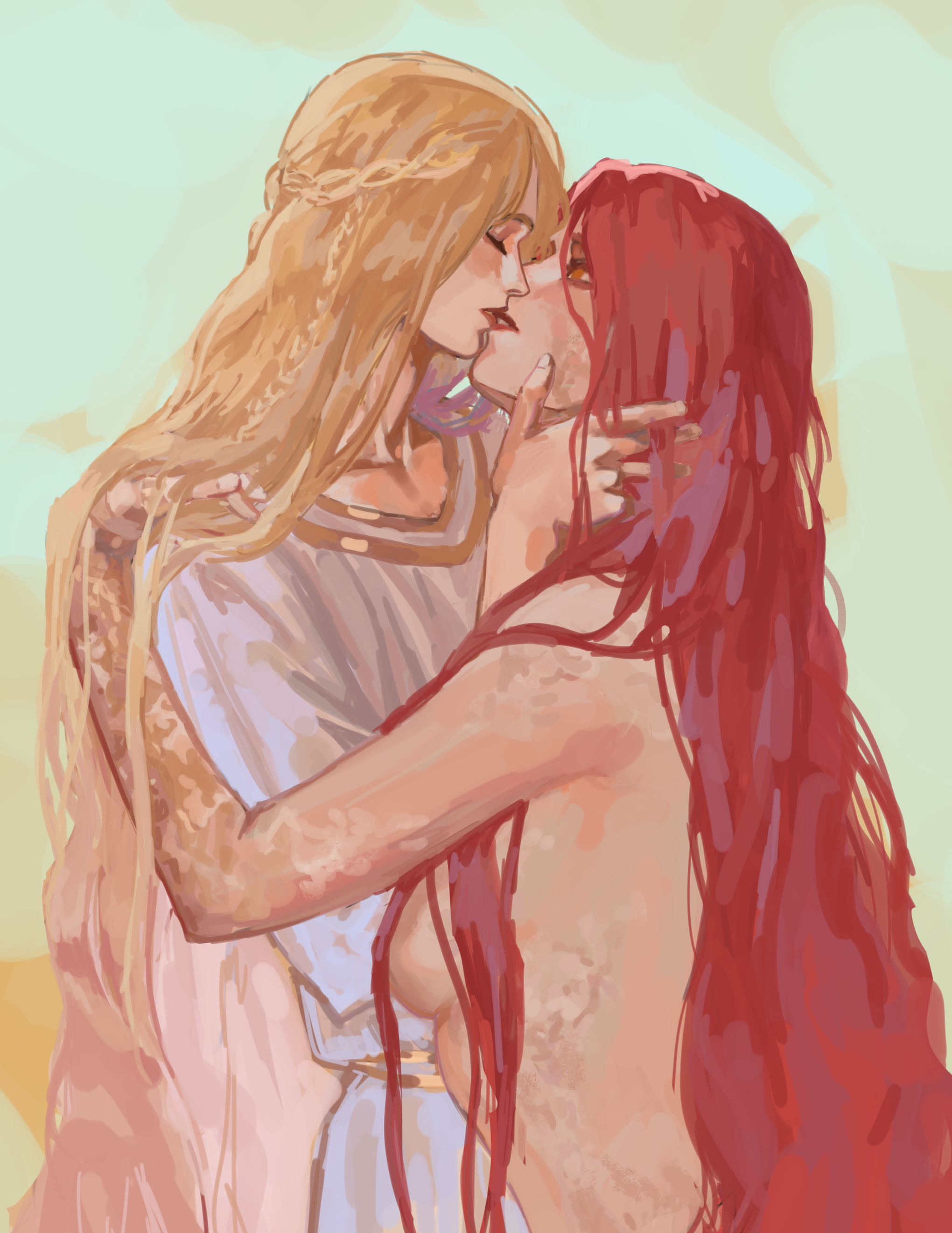 breasts, brother and sister, elden ring, female, femboy, femboy on female, fromsoftware, hugging, incest, kissing, male, malenia blade of miquella, miquella, nude, nude female, onex111x, shadow of the erdtree, sideboob, size difference, twins, wholesome
