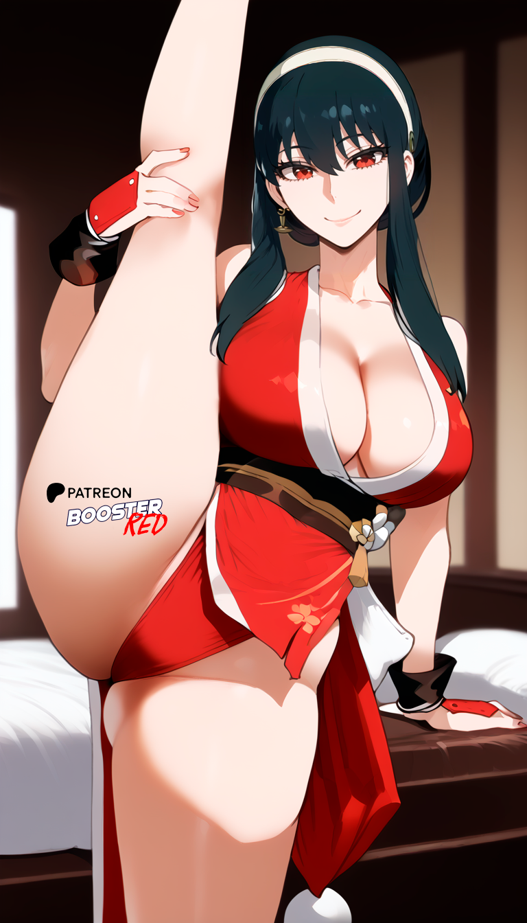 1girls ai_generated bare_shoulders bed bedroom big_breasts boosterred99 cosplay earrings female greesgreen_hair hair hairband indoors king_of_fighters large_breasts mai_shiranui mai_shiranui_(cosplay) pony_diffusion_xl red_eyes split spy_x_family standing yor_briar yor_forger