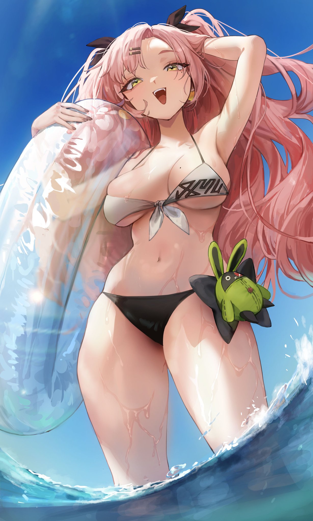 1girls beach bikini breasts buoy female female_only hoyoverse light-skinned_female light_skin midriff mihoyo nicole_demara open_mouth pink_hair plushie solo swimsuit twintails ueng_(suj_0) water yellow_eyes zenless_zone_zero