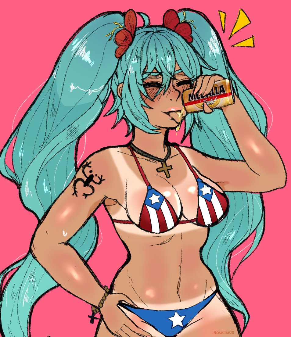 1girls alternate_version_available armpits asian_latina beer bikini blue_hair closed_eyes cross_necklace drinking flag_bikini flower_in_hair flowers flowers_in_hair hand_on_hip hatsune_miku holding_can latin_american_hatsune_miku_(meme) medalla_(beer) medium_breasts necklace puerto_rican puerto_rican_flag puerto_rican_flag_bikini puerto_rican_miku rosellia00 suggestive suggestive_fluid suspicious_looking_liquid tan_body tanline tattoo tongue_out twintails vocaloid wristwear