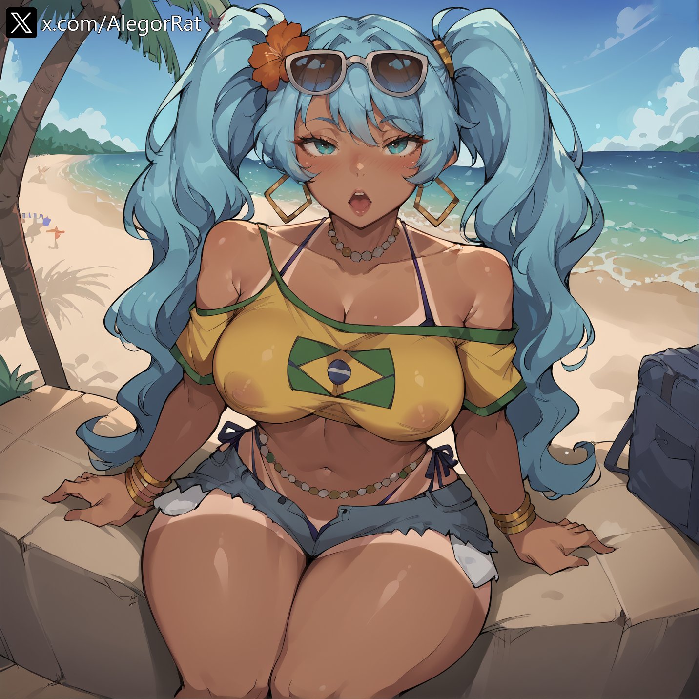 1girl, 1girls, ai generated, alegorrat, bag, bare shoulders, beach, bikini, bikini under clothes, blue eyes, blue hair, blush, bracelet, brazil, brazilian, brazilian female, brazilian miku, breasts, brown skin, cleavage, covered nipples, crop top, cutoffs, dark skin, dark-skinned female, day, denim, denim shorts, earrings, eyewear on head, female, female only, flower, hair flower, hair ornament, hatsune miku, hoop earrings, jewelry, large breasts, long hair, looking at viewer, meme, mouth open, navel, necklace, nipples, nipples visible through clothing, ocean, off shoulder, open mouth, outdoors, palm tree, see-through, shirt, shorts, side-tie bikini bottom, sitting, sky, solo, sunglasses, swimsuit, tagme, tan, tan body, tan skin, tanlines, thick thighs, thighs, tree, twintails, vocaloid
