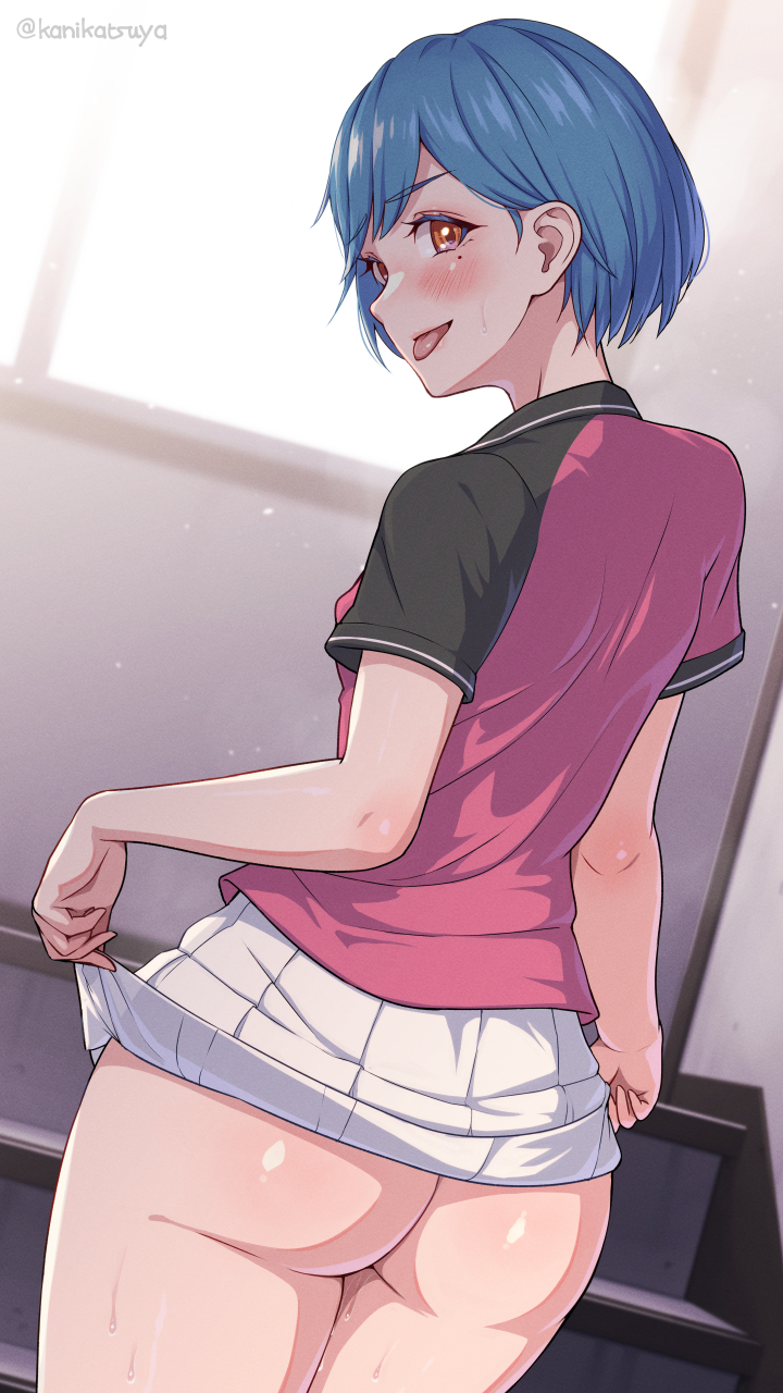 1girls 9:16 ass ass_focus blue_hair blush female from_behind kanikatsuya lifting_skirt looking_at_viewer looking_back mole_under_eye no_panties open_mouth orange_eyes original pink_shirt presenting_hindquarters pussy_juice short_hair skirt skirt_lift smile solo standing sweat tennis_uniform wet white_skirt