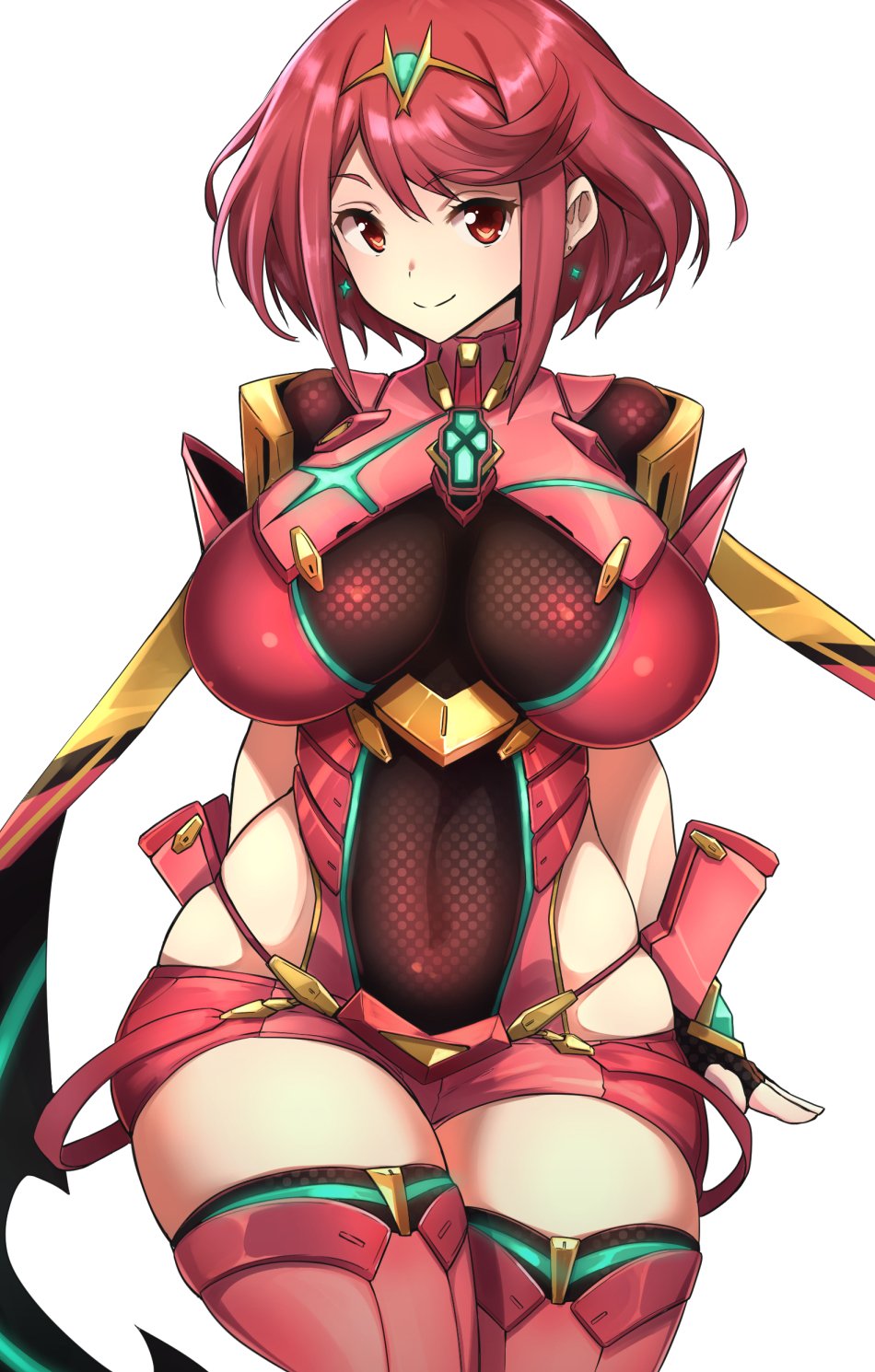 1girls, arms behind back, blush, breasts, circlet, curvaceous, earrings, female, gloves, huge breasts, looking at viewer, navel, nintendo, nuezou, pyra, red eyes, red hair, short hair, smile, solo, thighhighs, thighs, tiara, wide hips, xenoblade (series), xenoblade chronicles 2