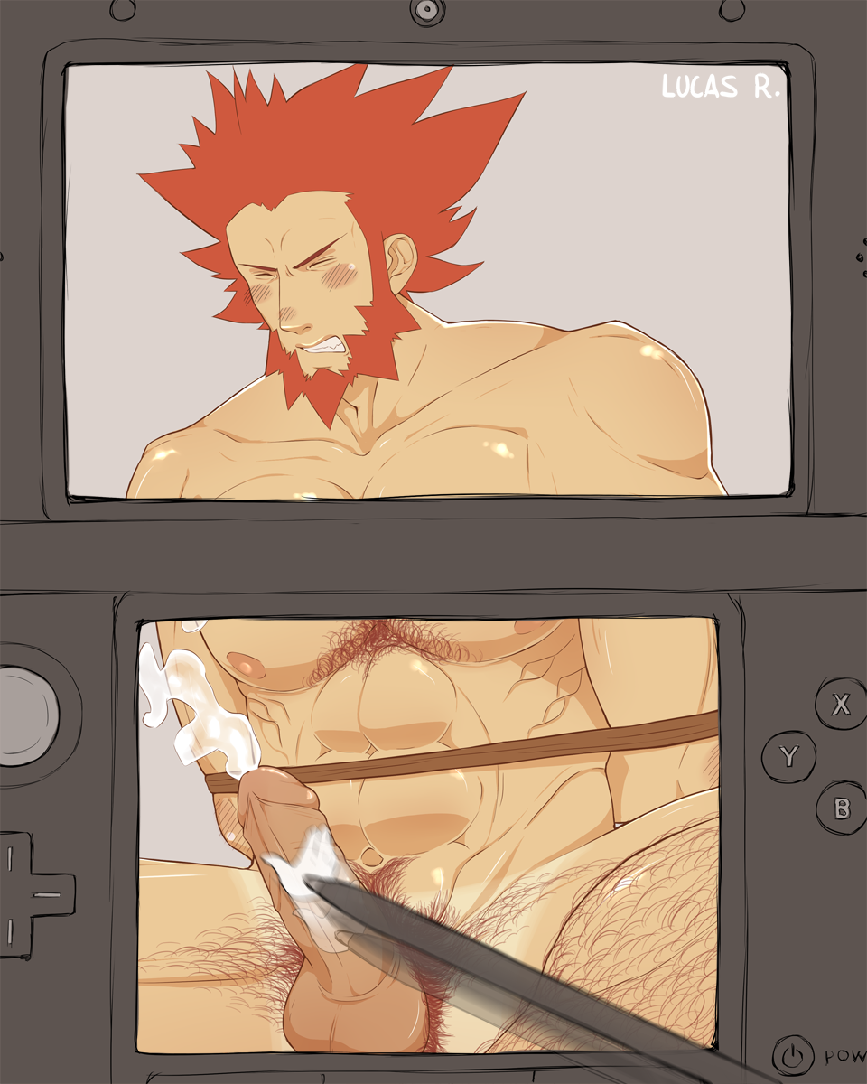 artist_request balls beard blush boner closed_eyes cum erection facial_hair lysandre_(pokemon) male male_only nintendo nintendo_3ds nude orgasm penis pokemon solo solo_male stylus