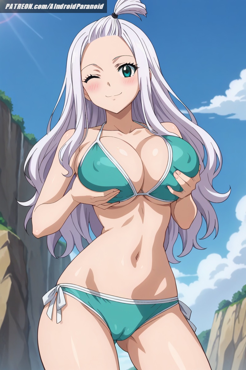 1girls, ai generated, aindroidparanoid, ass, beach, big ass, big breasts, big butt, bikini, blue eyes, blue hair, blush, breasts, cameltoe, covered nipples, fairy tail, female, female only, gigantic breasts, grabbing own breast, hips, hourglass figure, huge breasts, large ass, large breasts, long hair, massive breasts, mirajane strauss, narrow waist, outdoors, pussy, stable diffusion, straight hair, voluptuous, white hair, white-haired female, wide hips