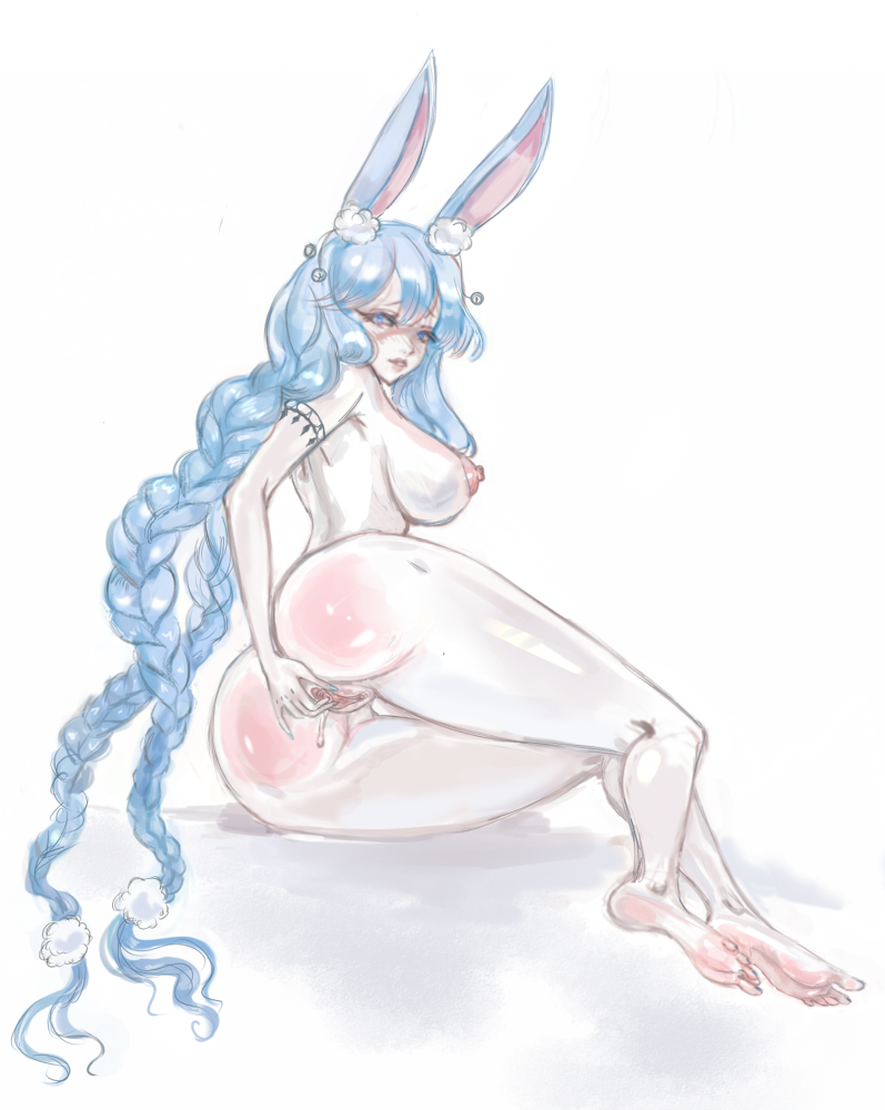 animal_humanoid ass big_breasts blue_eyes bluehaired blush bodily_fluids breasts feet female genital_fluids genitals hare humanoid lagomorph leporid mammal masturbation nipples pussy rabbit solo tsu69 vaginal_fluids