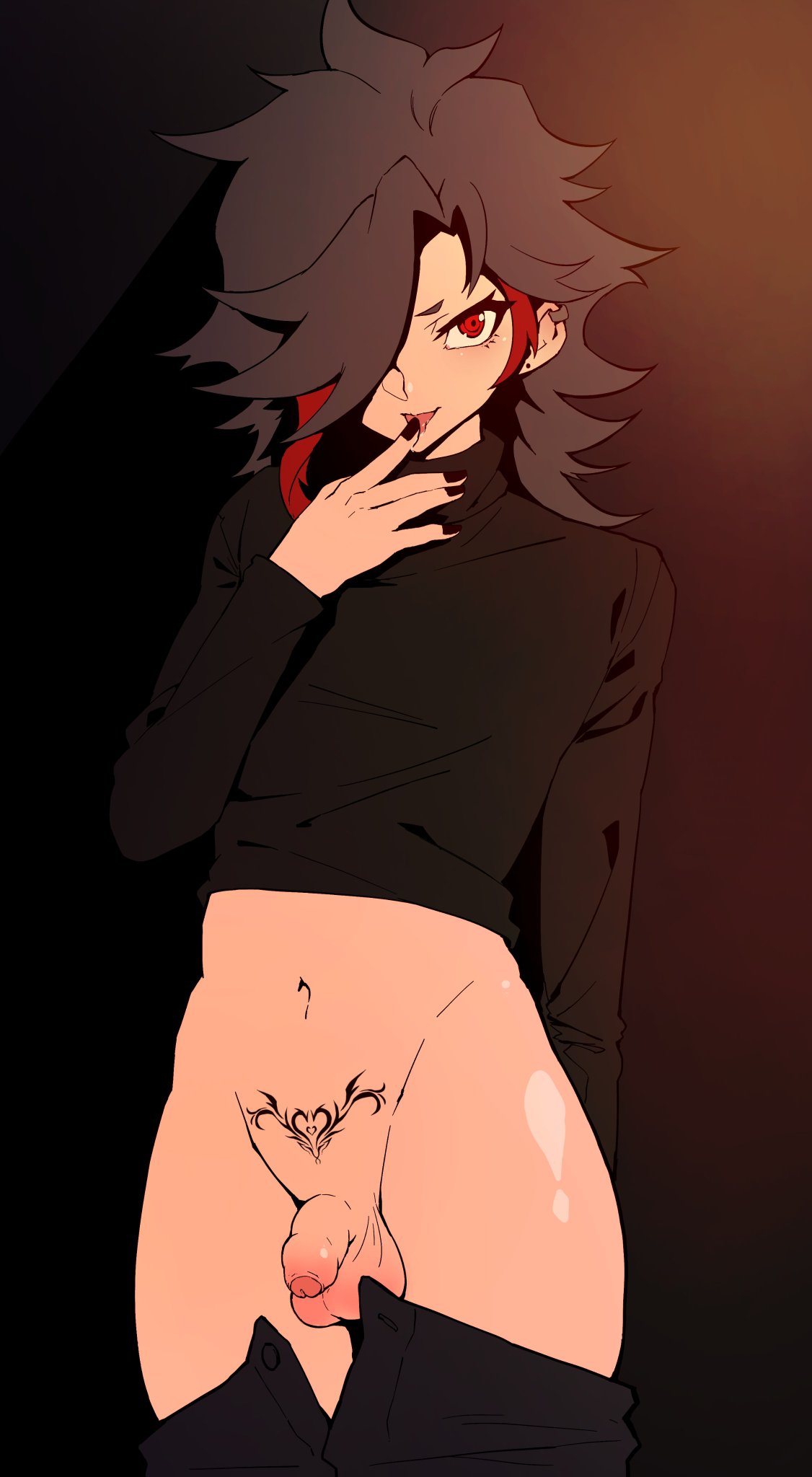 1boy black_hair femboy girly half_naked karasunaruko limp_penis male male_focus male_only oc original_character pale_skin pubic_tattoo red_eyes small_penis solo sweater thick_thighs tiny_penis turtleneck wide_hips