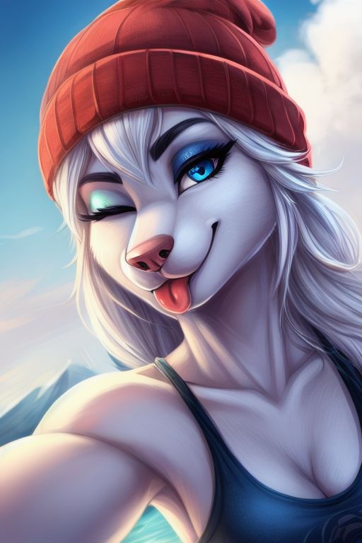 ai_generated beanie blue_eyes female sarah_snowpaw sticking_out_tongue white_hair wink wolf