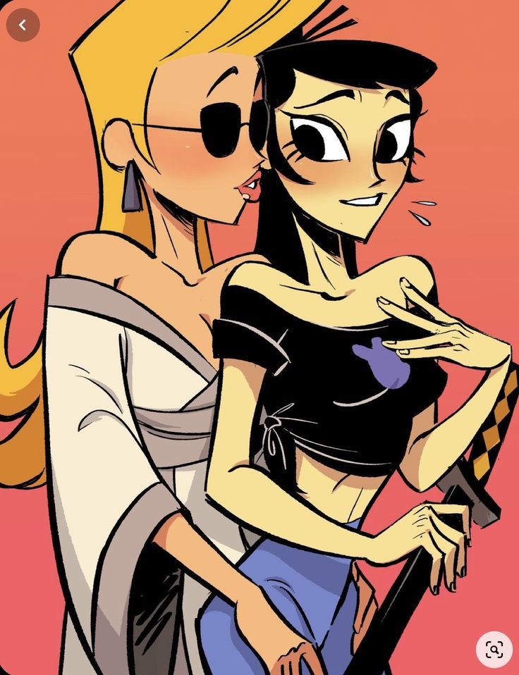 2girls asian asian_female black_hair blonde_hair blush crossover exposed_shoulders exposed_torso genderswap_(mtf) implied_yuri jenny_bravo johnny_bravo_(series) kimono midriff midriff_baring_shirt midriff_peek midriff_showing midriff_top rule63 rule_63 samurai_jack samurai_jacqueline sunglasses