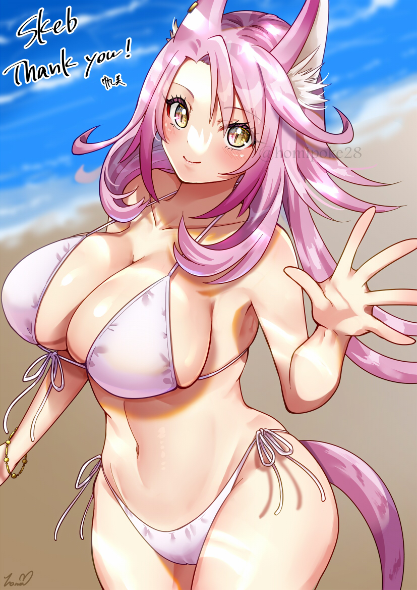 1girl artist_signature bikini cat_ears cat_tail catgirl duel_monster female gold_jewelry golden_eyes homipoke28 large_breasts pink_hair skeb_commission tri-brigade_ferrijit_the_barren_blossom watermark yu-gi-oh!