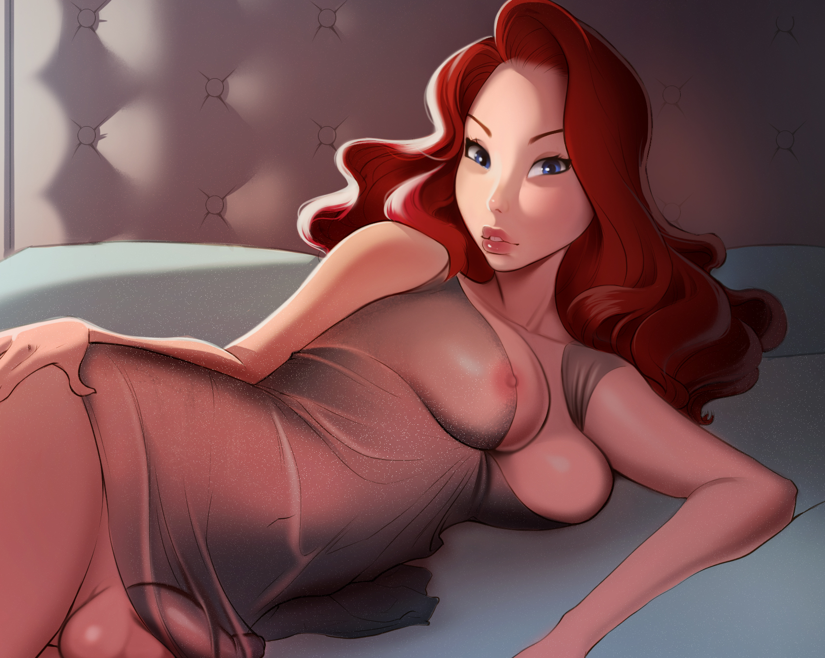 1futa, areolae, balls, blue eyes, breasts, cleavage, dickgirl, futa only, futanari, ginger, hourglass figure, intersex, lingerie, lipstick, looking at viewer, nightgown, nipples, penis, red hair, redhead, see-through, solo, testicles, voidnosferatu, voluptuous
